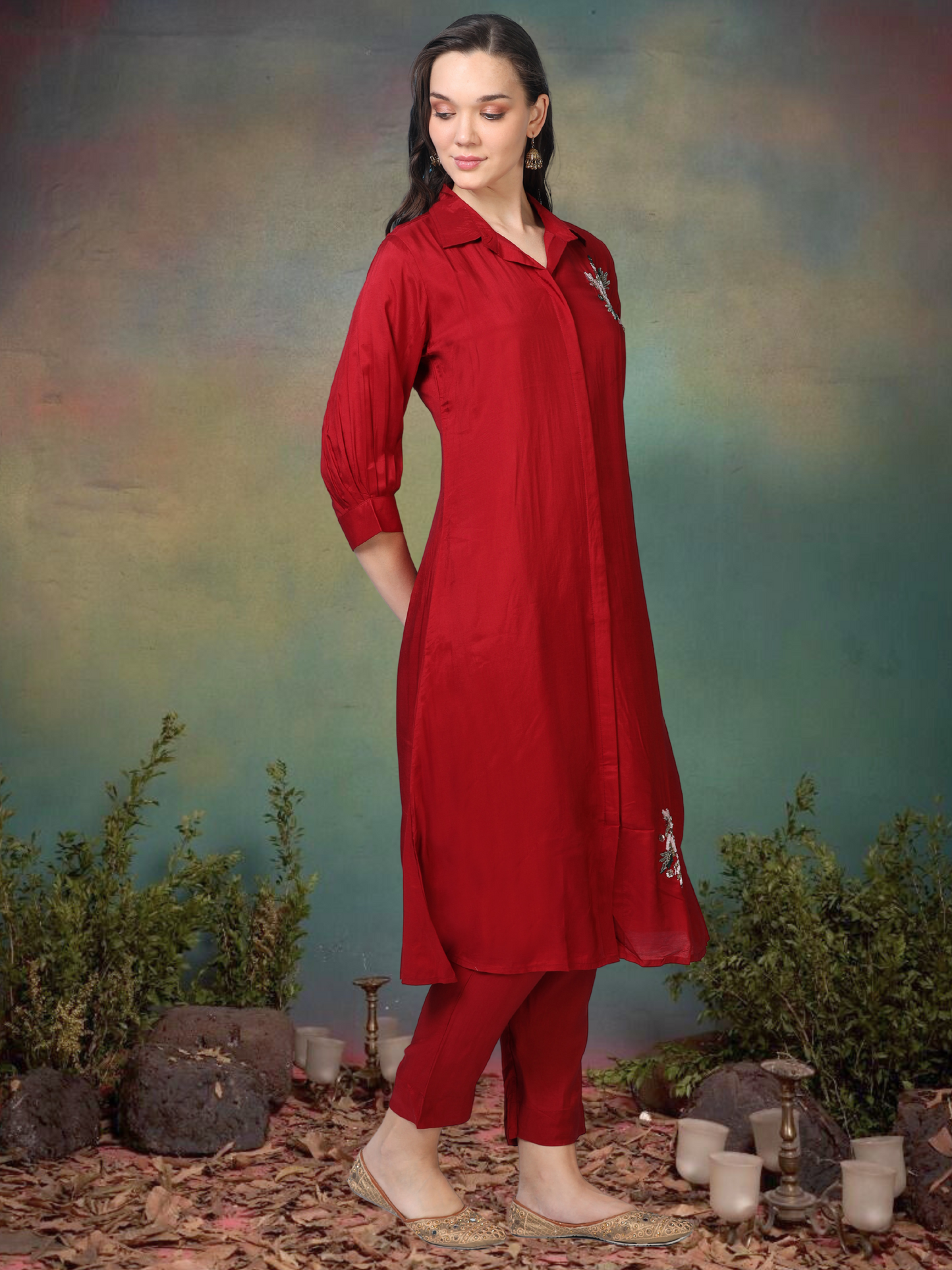Crimson Crush – Red Satin Silk-Blend Shirt Style Co-ord Set (1KB-2-B3)