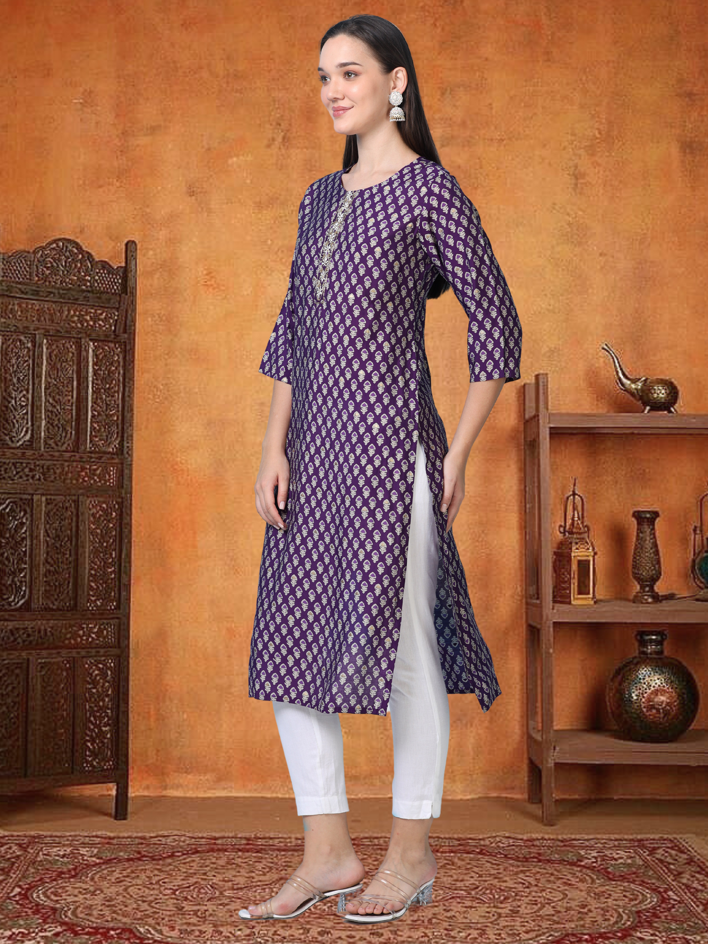 Lilac Luxe – Purple Cotton-Blend Embroidered Kurti (2AA-7-A8)
