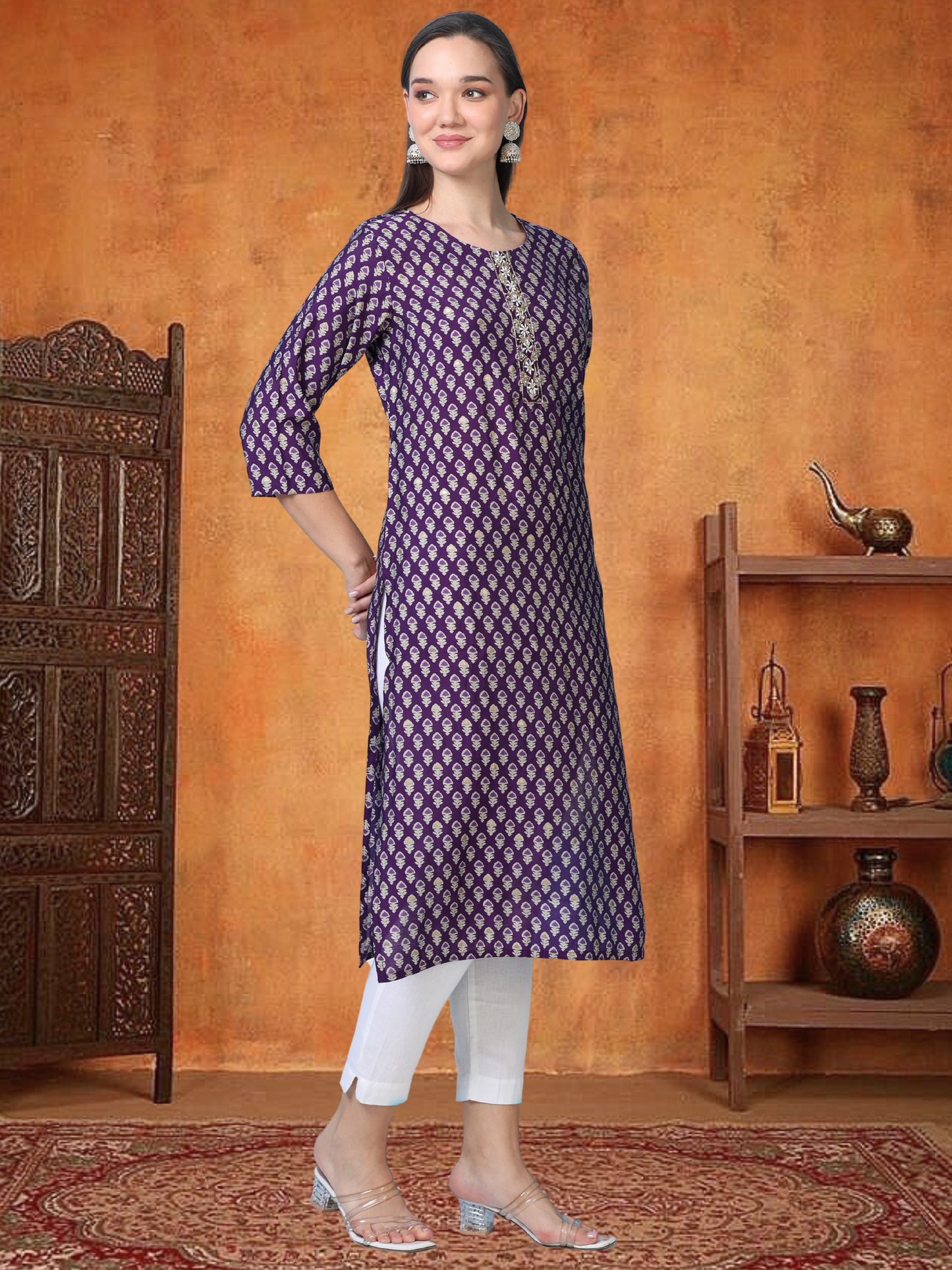 Lilac Luxe – Purple Cotton-Blend Embroidered Kurti (2AA-7-A8)