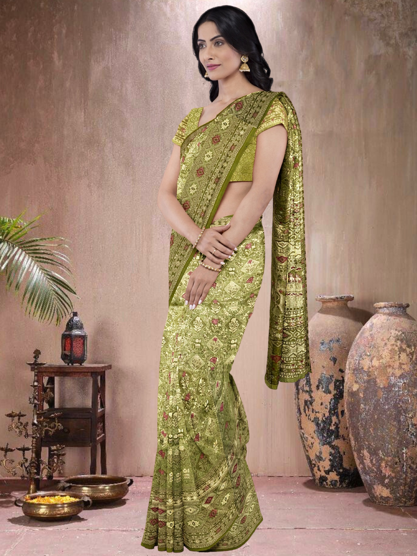 Olive Allure – Ikkat brocade saree with gold zari (OG-519018)