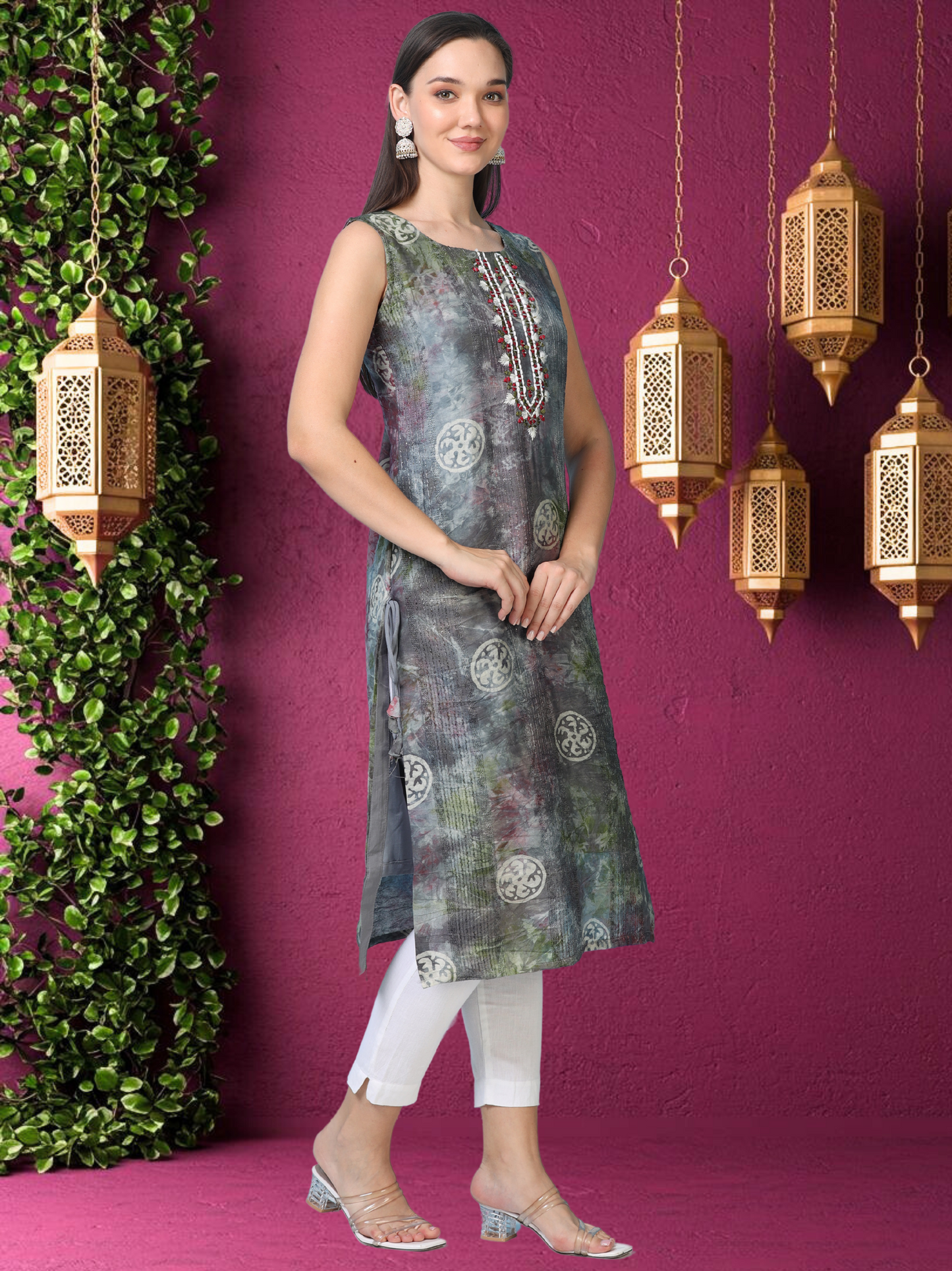 Mystic Teal Swirl – Shibori Silk-Blend Sleeveless Kurti (1JD-5-A4)
