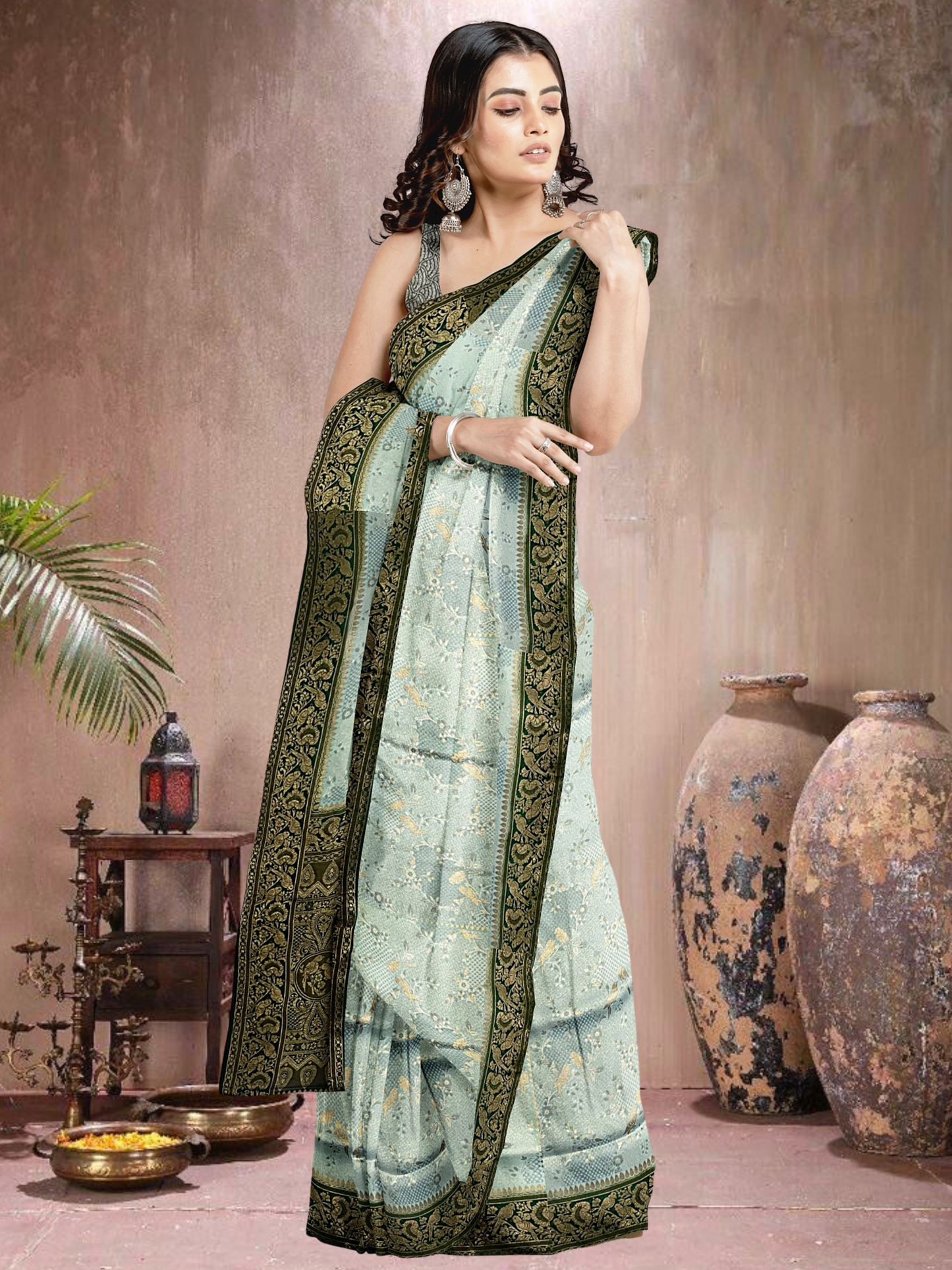 Blue-Green Charm – Satin Brocade Saree(BL-G-519012)