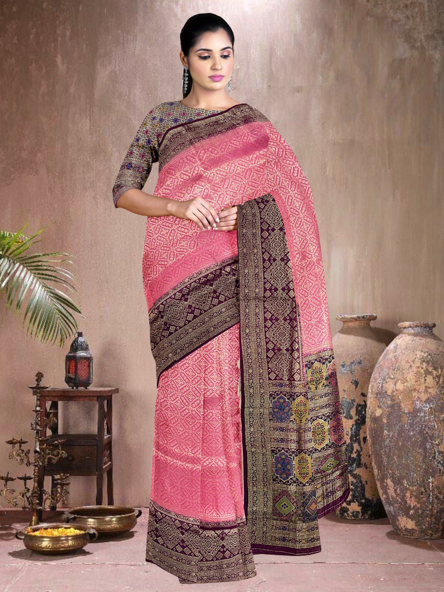 Rani-Brown Elegance – Satin Brocade Saree with Meena Kari (RP-BR-519004)