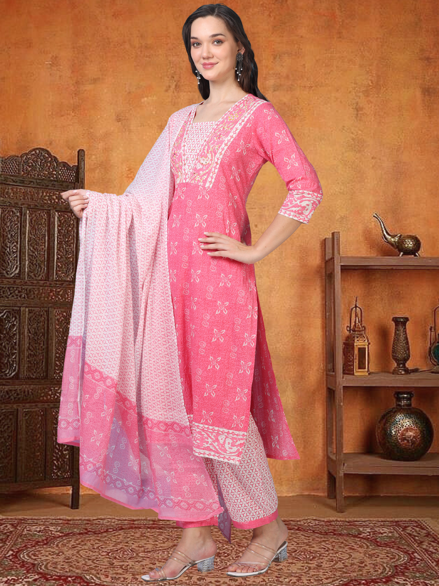 Blush Bloom – Pink Printed Cotton 3-Piece Set (2DF-2-C10)
