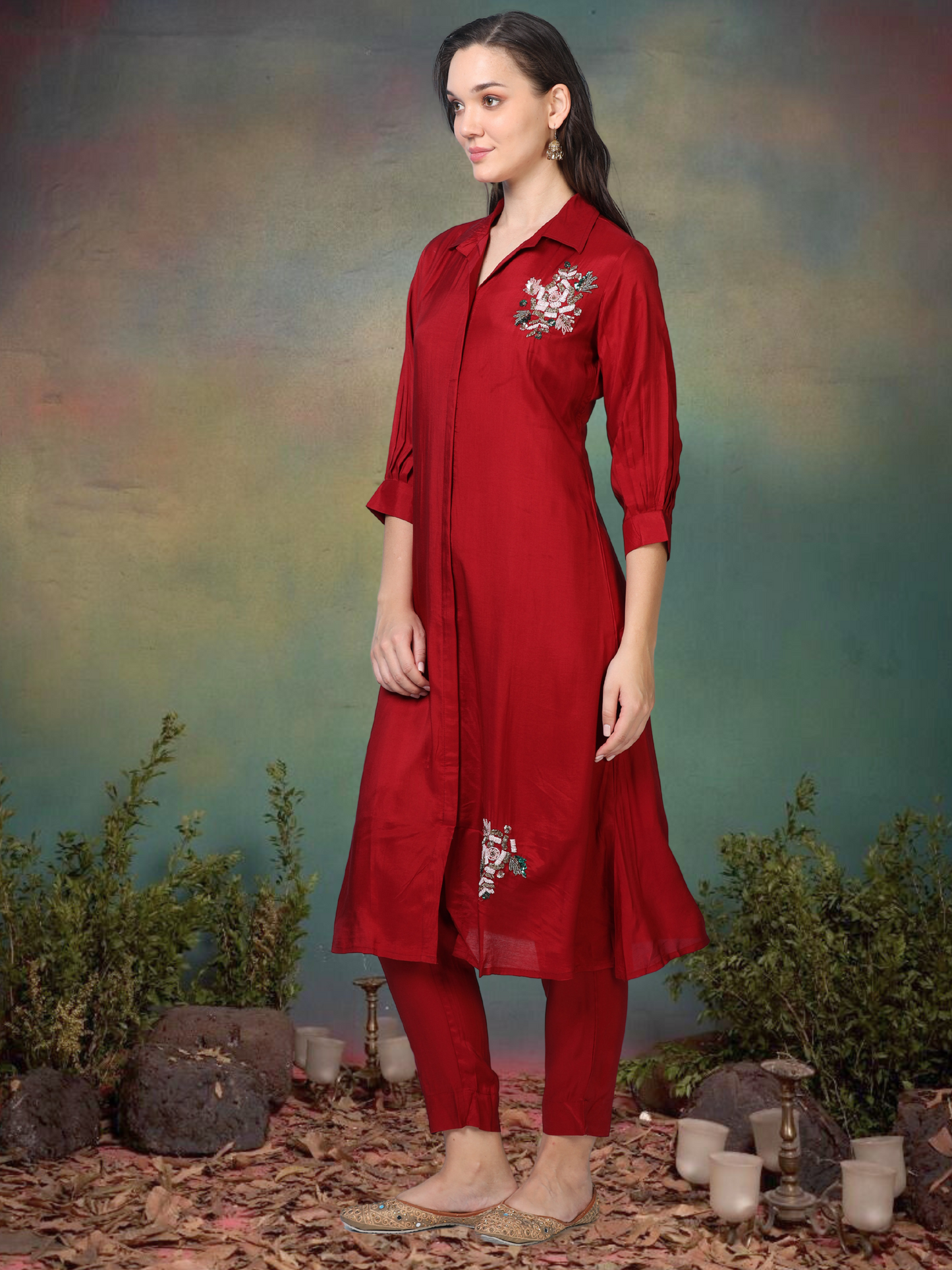 Crimson Crush – Red Satin Silk-Blend Shirt Style Co-ord Set (1KB-2-B3)