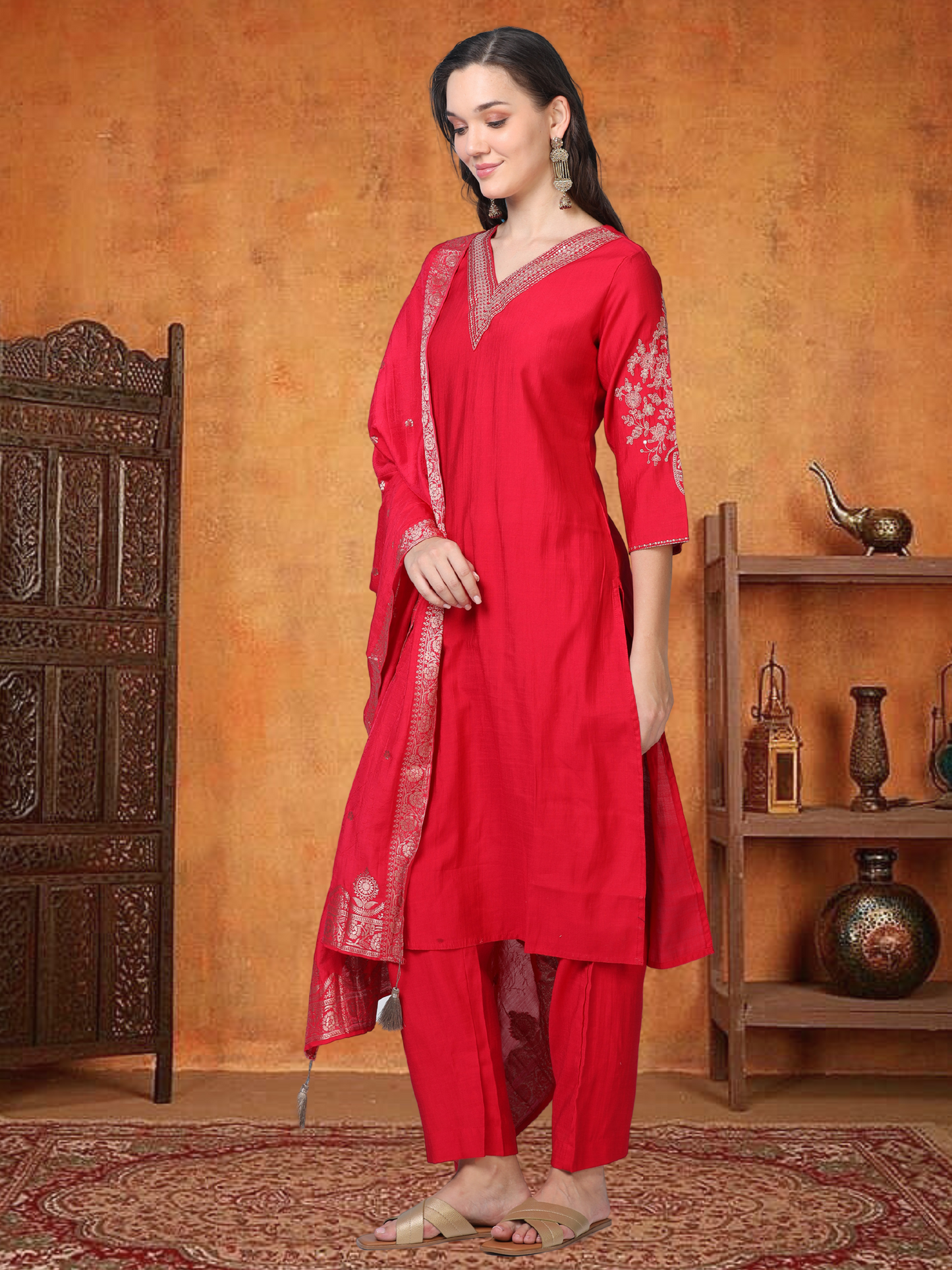 Red Hour – Raw Cotton & Banarasi Silk-Blend 3-Piece Set (1NH-2-C11)