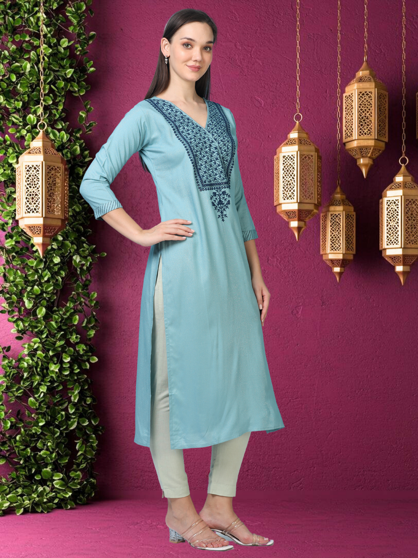 Blue Hush Glimmer – Embroidered Cotton-Tissue Kurti (1JD-6-A13)