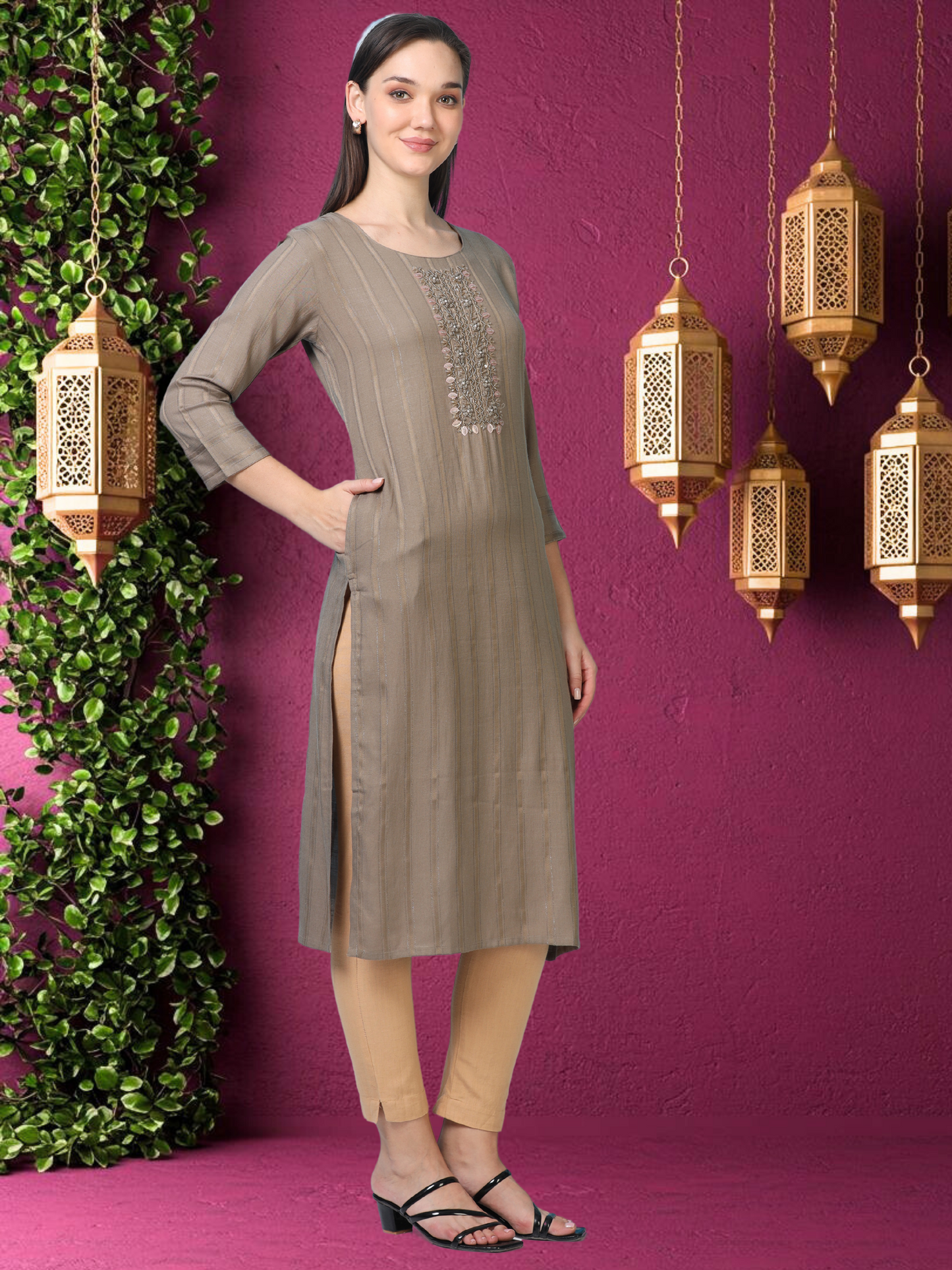 Cocoa Calm – Brown Cutdana Cotton-Blend Kurti (1KB-5-A13)