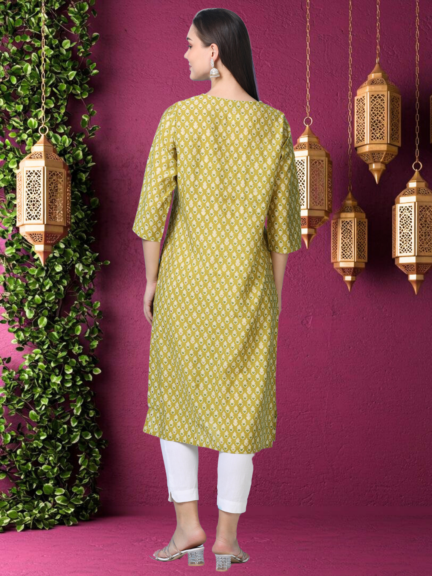 Olive Muse – Light Olive Printed Cotton Kurti with Cutdana Work (2AA-5-A7)