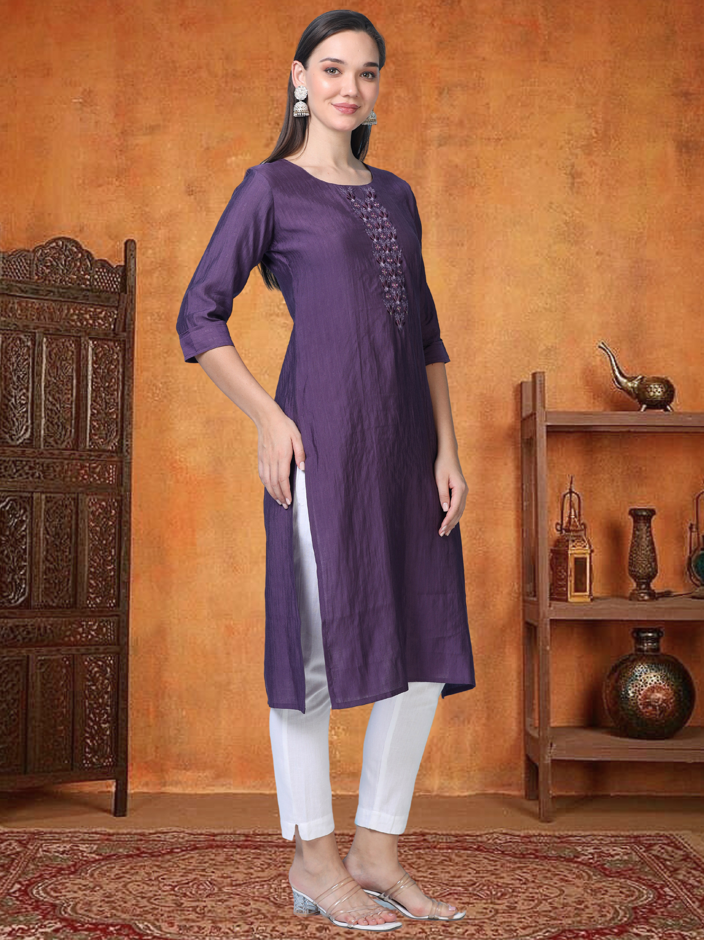 Wine Whisper – Embroidered Cotton Straight Kurti (1JD-7-A9)