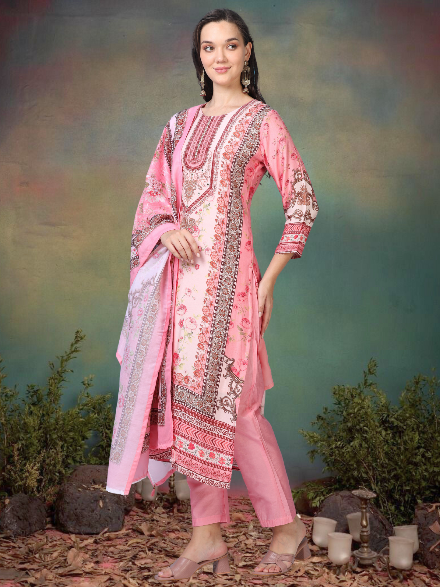 Print Paradise – Pink Viscose-Cotton Digital Print 3-Piece Set (1KI-2-C9)