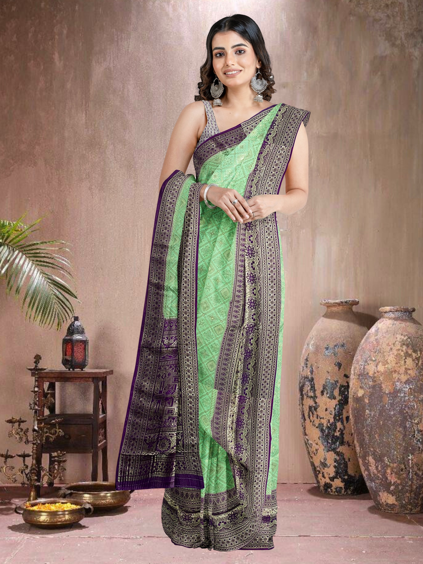 Green-Purple Glow – Satin Brocade Saree (PG-PU-519013)