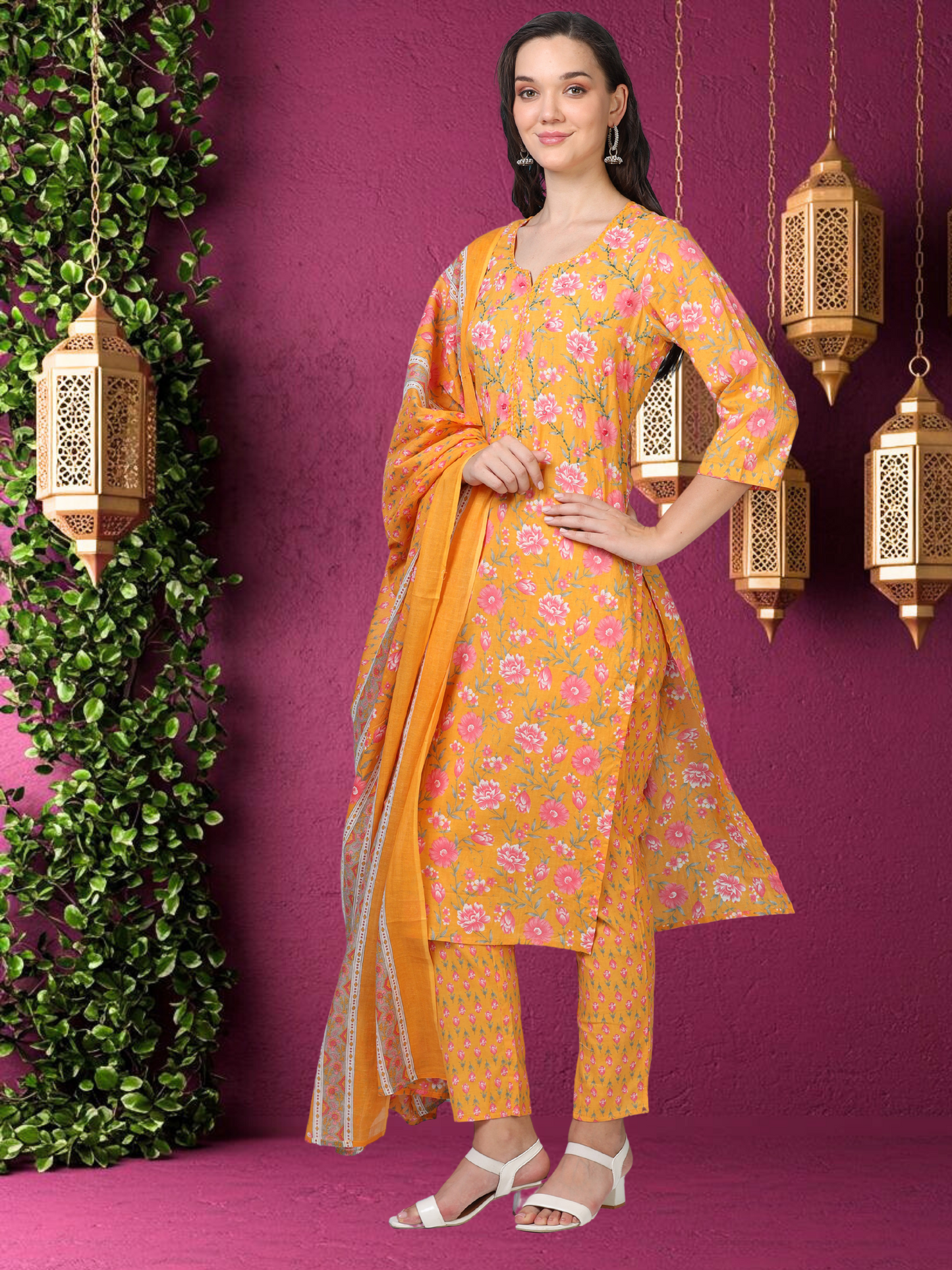 Golden Glow – Mustard Printed Cotton 3-Piece Set (2DF-4-C4)