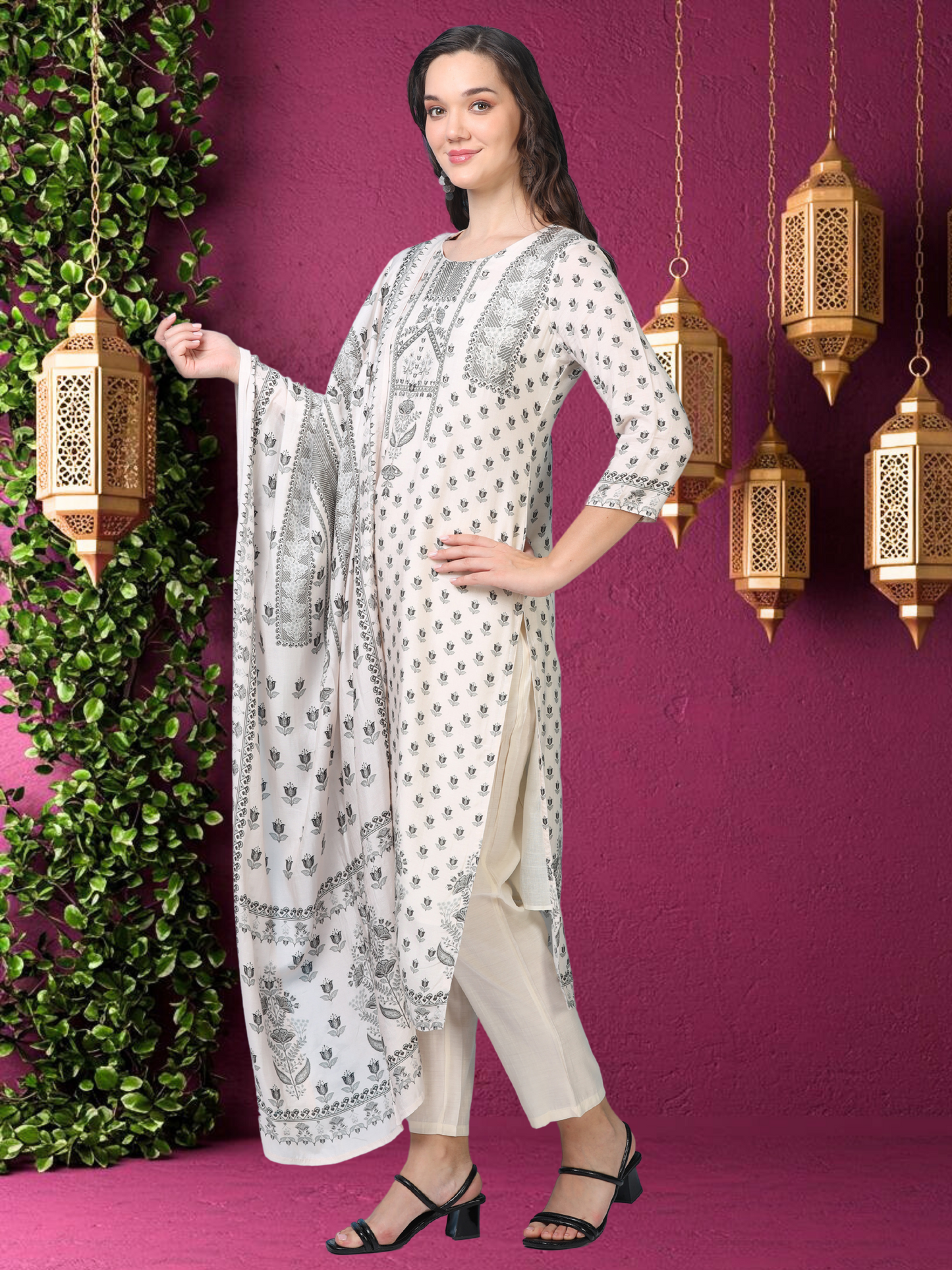 Monochrome Muse – White & Black Printed 3-Piece Set (2AA-9-C1)