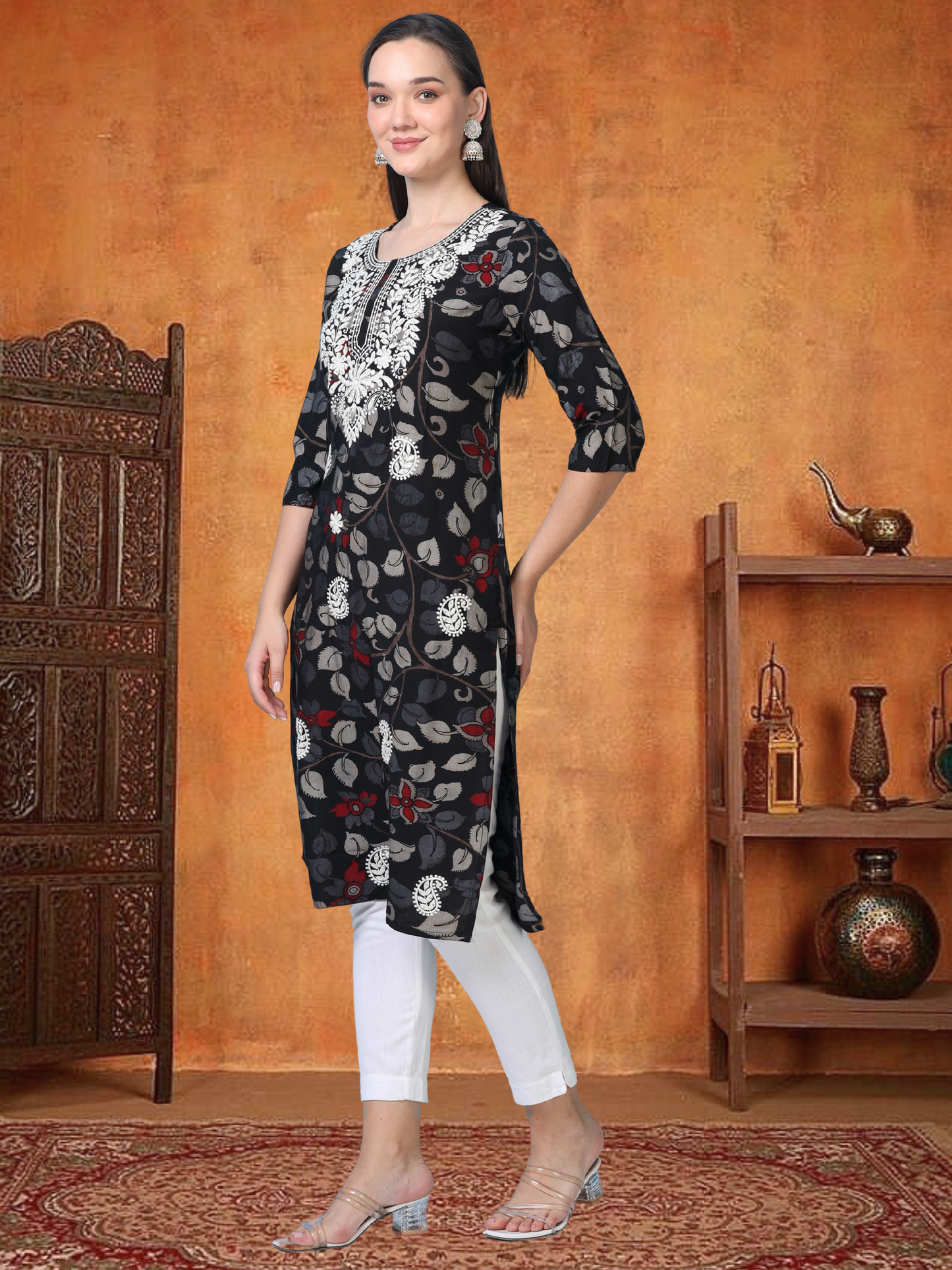 Noir Nazaara – Black Kalamkari & Chikankari Cotton Kurti (1NH-0-A13)