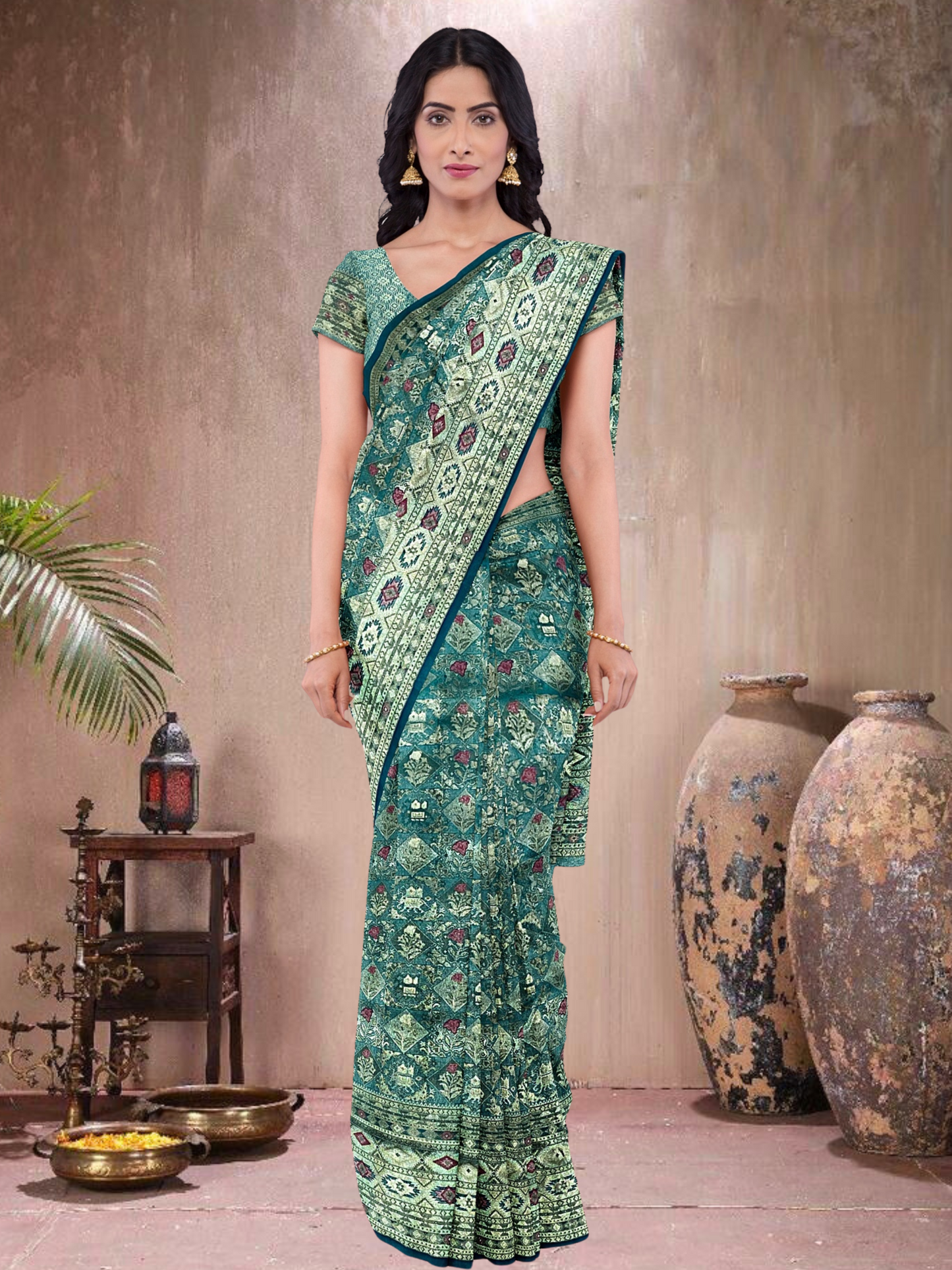 Teal Extravagance – Satin Tissue Weave Saree (TP-519018)