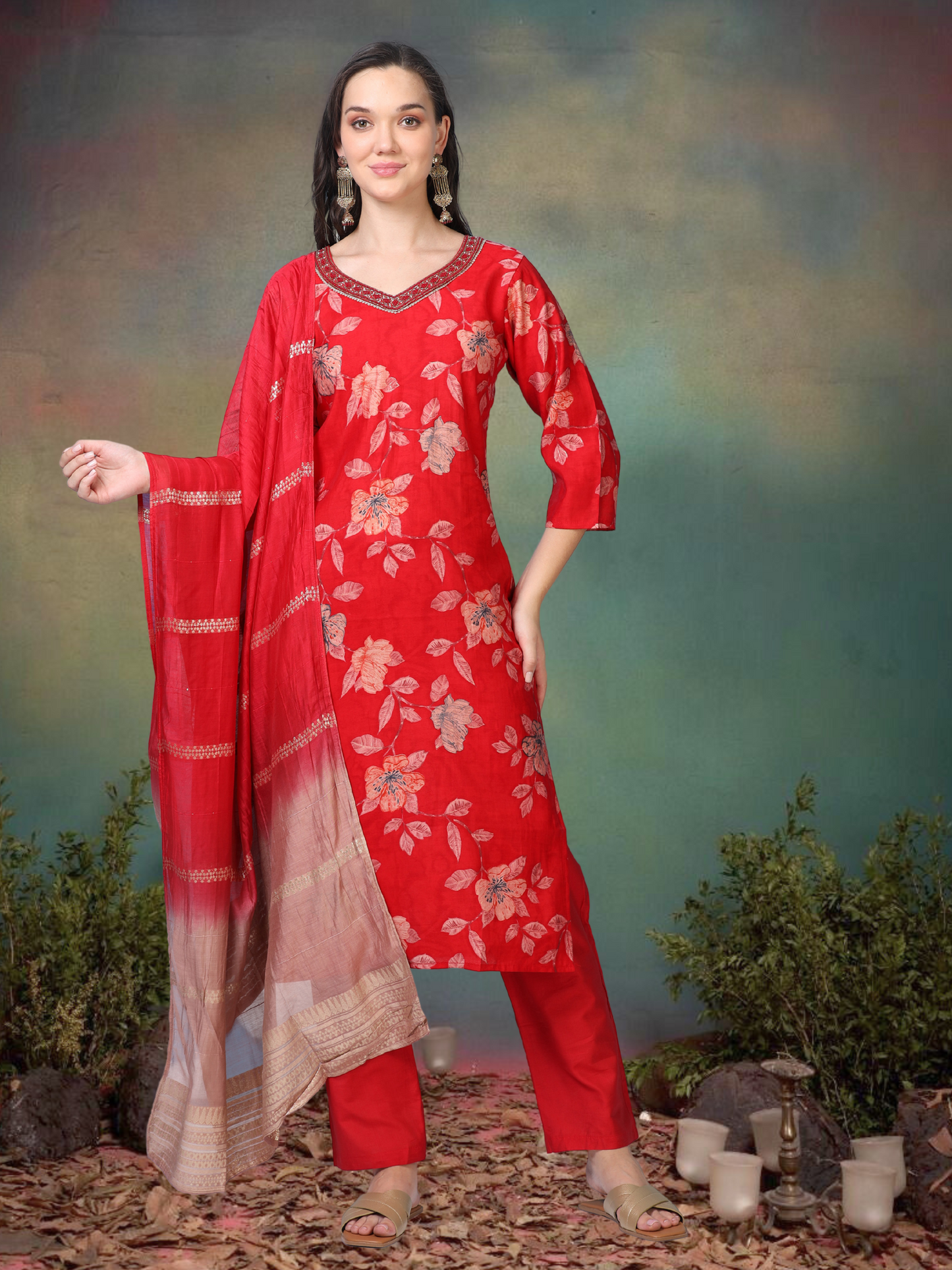 Scarlet Soirée – Red Printed Viscose-Cotton 3-Piece Set (1KI-2-C1)