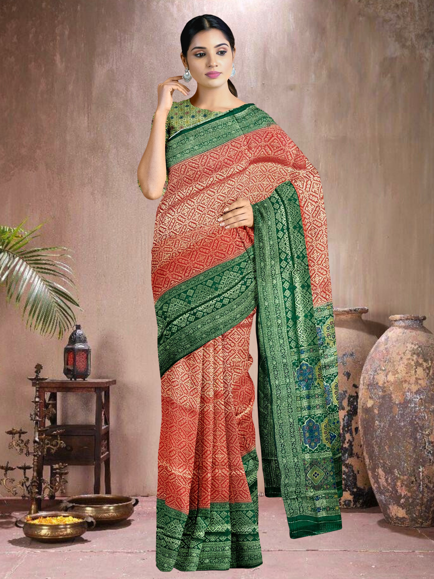 Red-Green Harmony – Satin Brocade Saree with Meena Kari (R-G-519004)