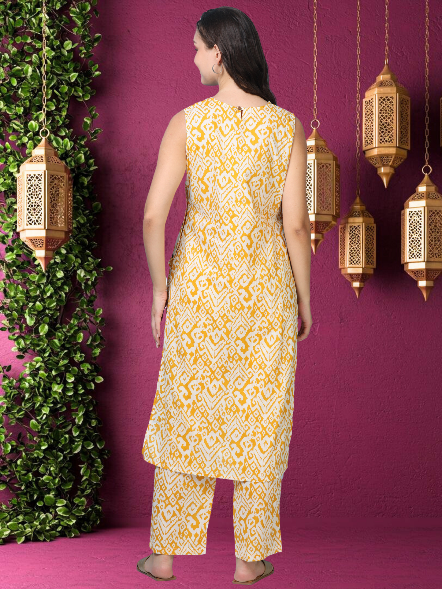 Ochre Aura – Sleeveless Printed Cotton Co-ord Set (2DF-4-B13)