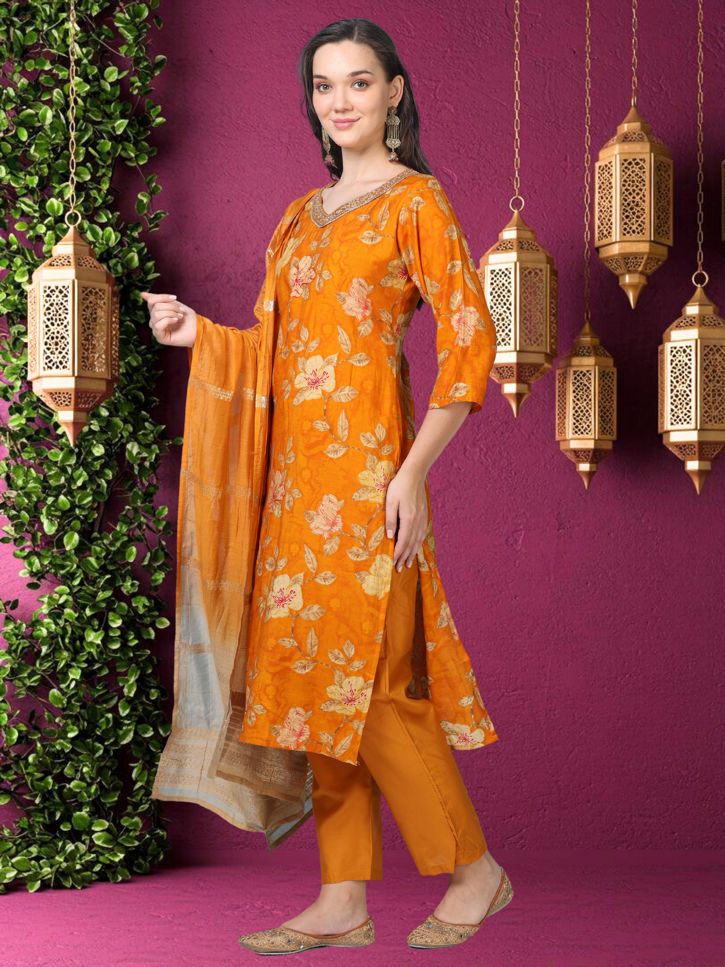 Golden Hour – Mustard Printed Viscose-Cotton 3-Piece Set (1KI-4-C2)