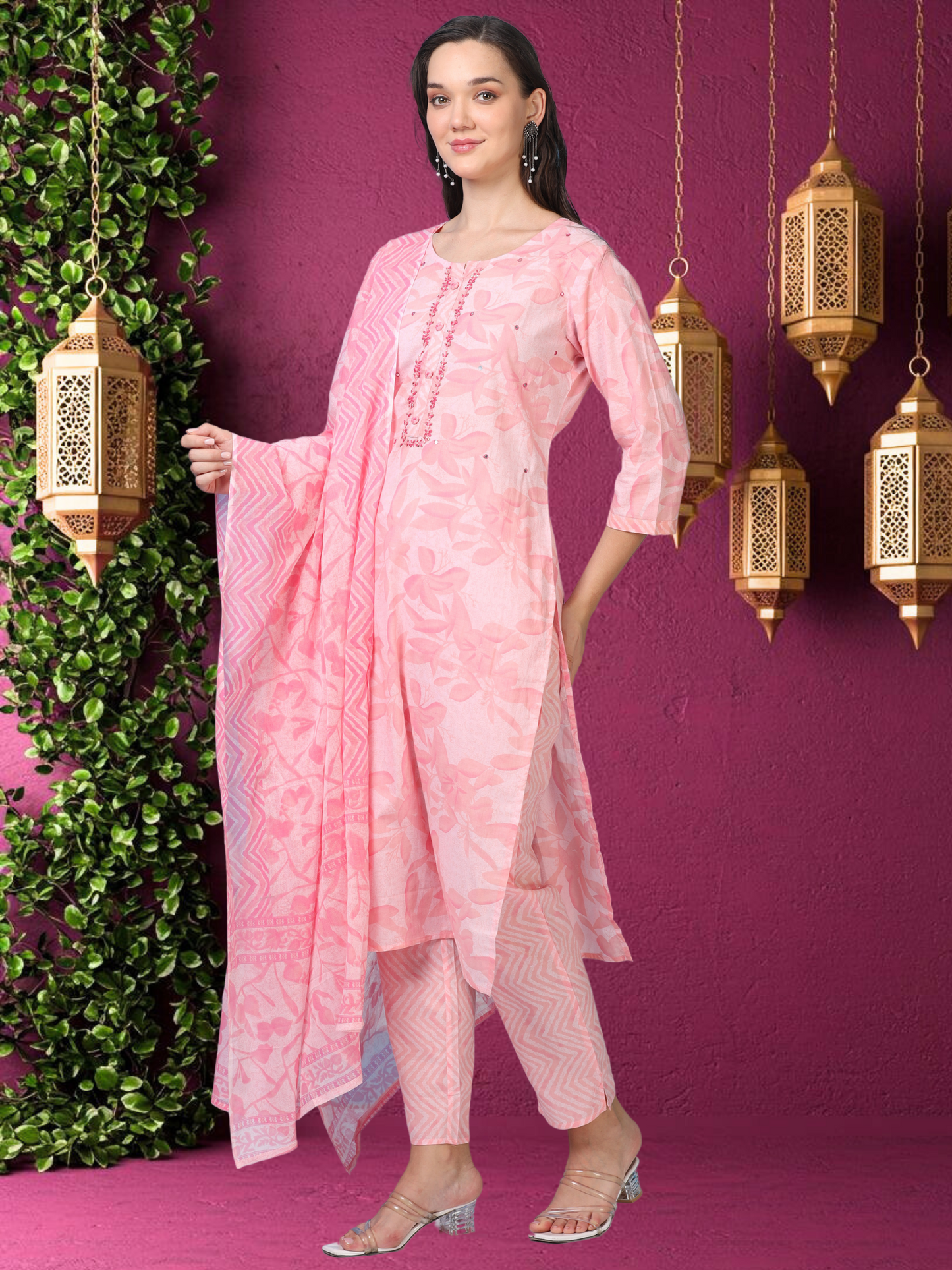Barbie on Break – Embroidered Light Pink Cotton 3-Piece Set (2DF-2-C6)