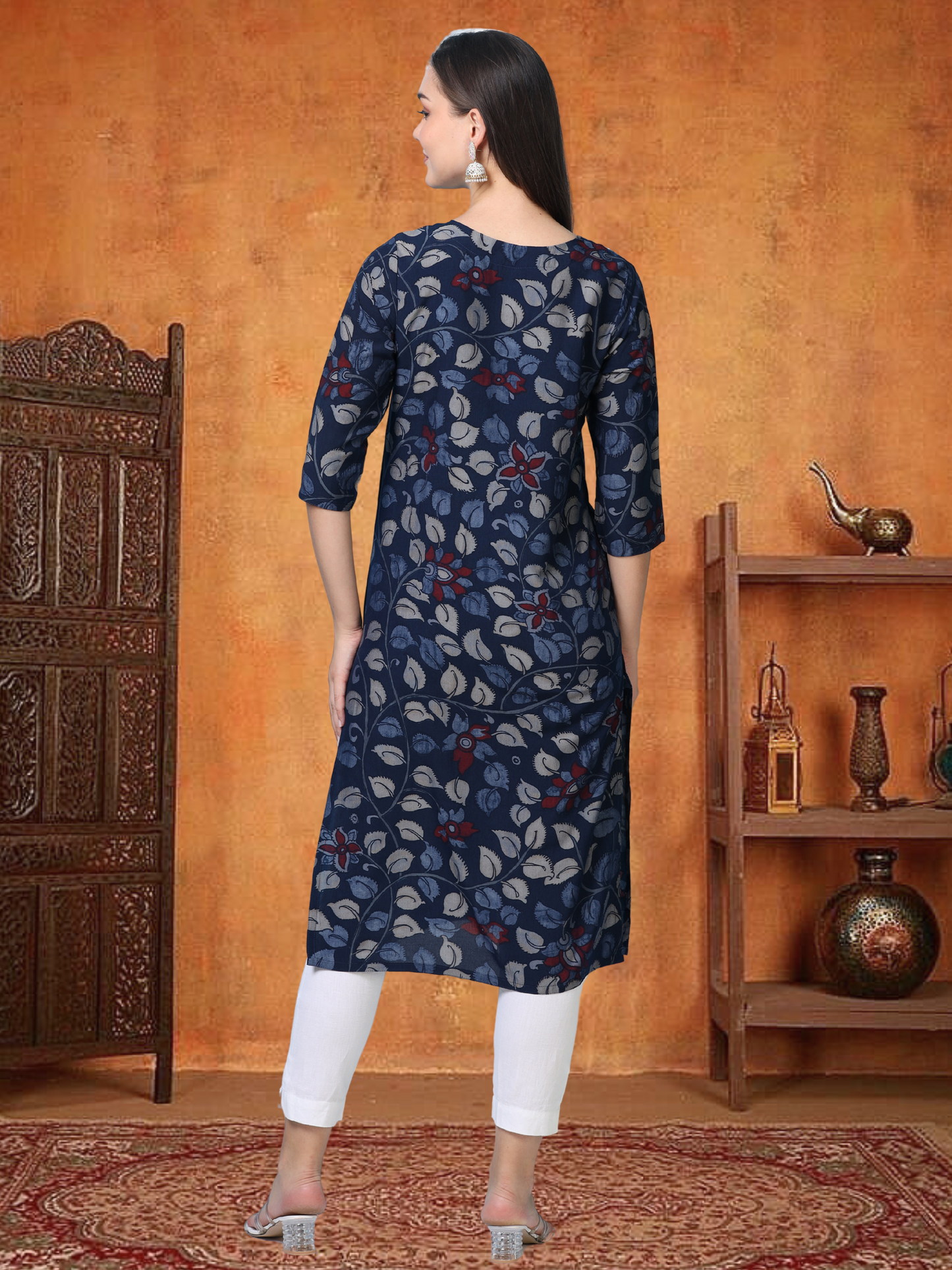 Indie Blend – Navy Blue Kalamkari & Chikankari Cotton Kurti (1NH-6-A12)