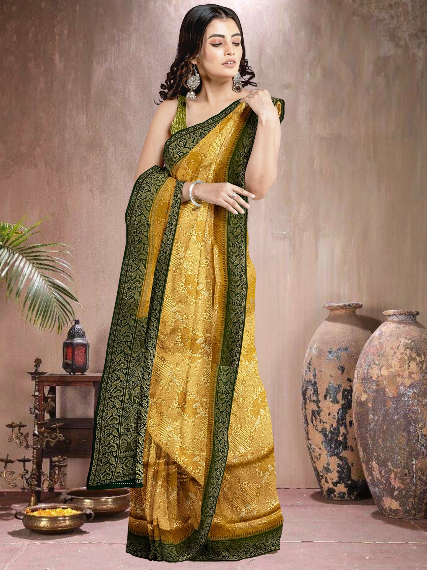 Mustard-Green Charm – Satin Brocade Saree (MU-G-519012)
