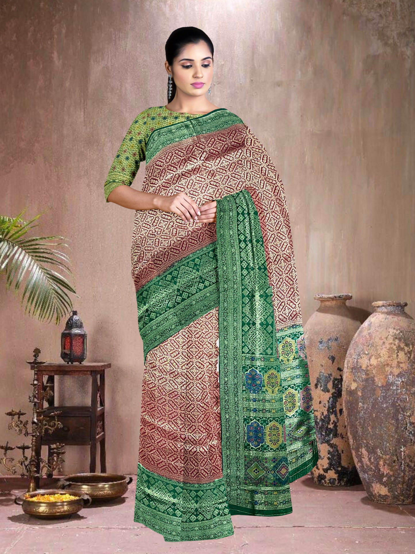 Maroon-Green Grace – Satin Brocade Saree with Meena Kari (M-G-519004)