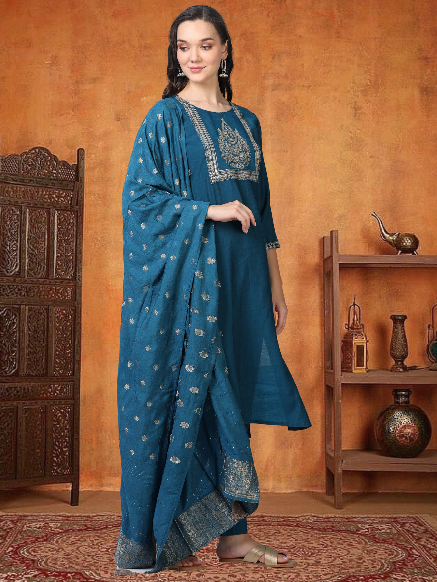 Blue Bash – Raw Cotton & Banarasi Silk-Blend 3-Piece Set (1NH-6-C10)