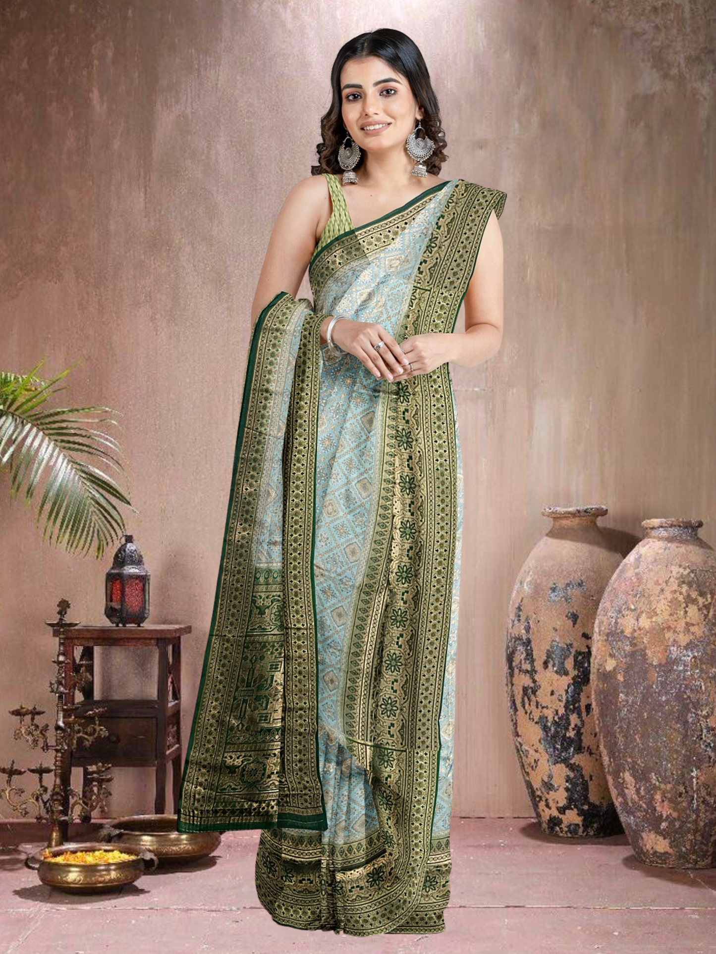 Blue-Green Grace – Satin Brocade Saree (BL-G-519013)