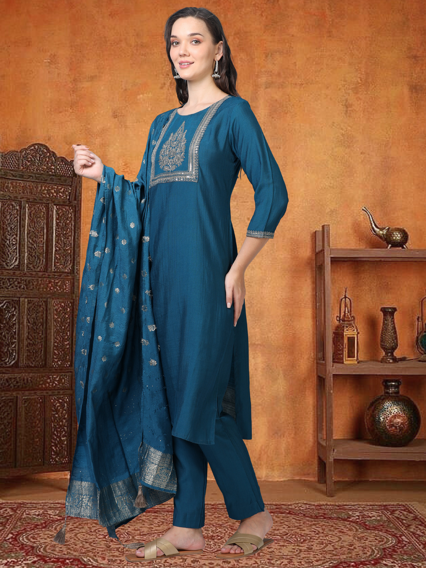 Blue Bash – Raw Cotton & Banarasi Silk-Blend 3-Piece Set (1NH-6-C10)