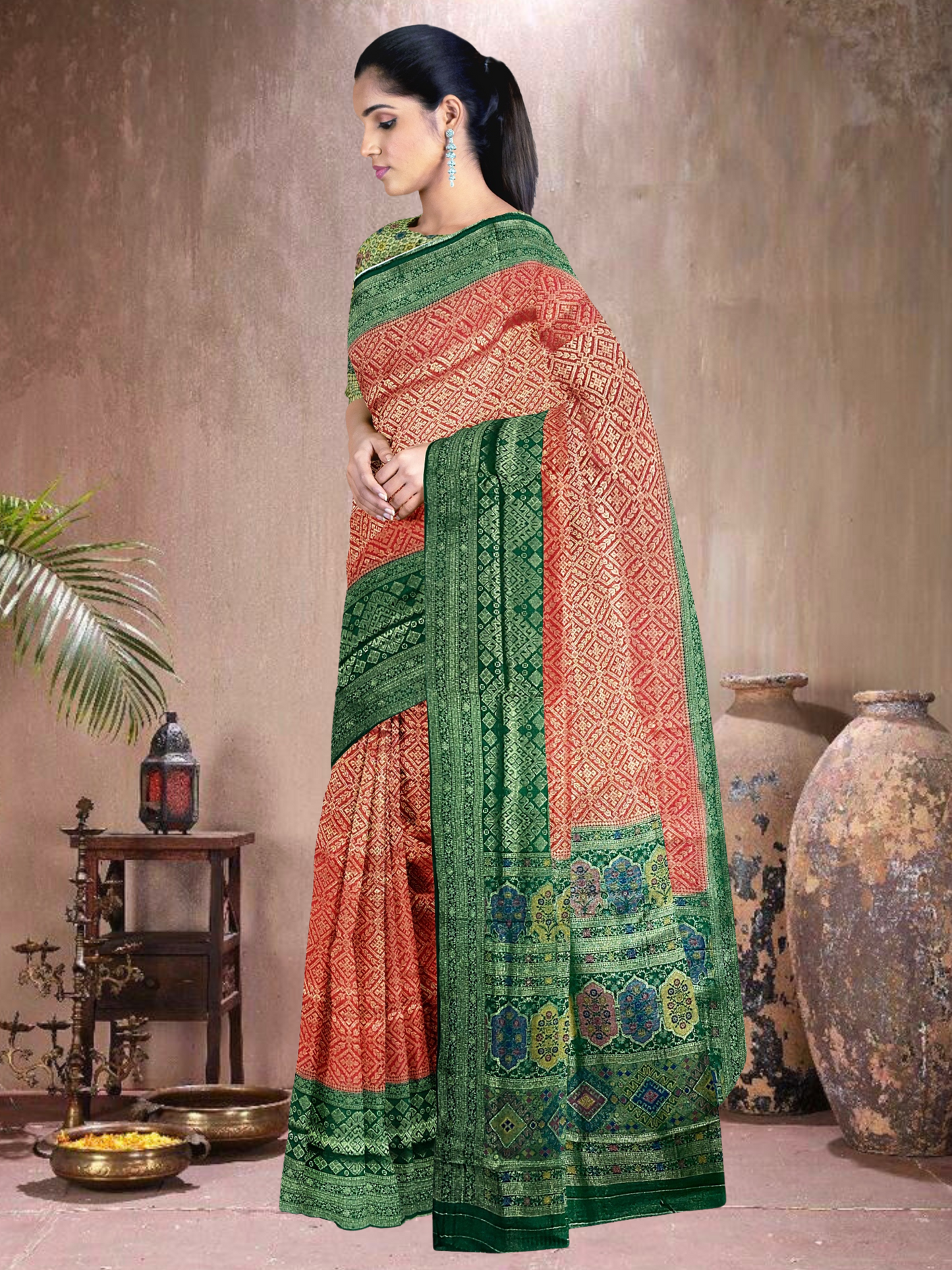Red-Green Harmony – Satin Brocade Saree with Meena Kari (R-G-519004)
