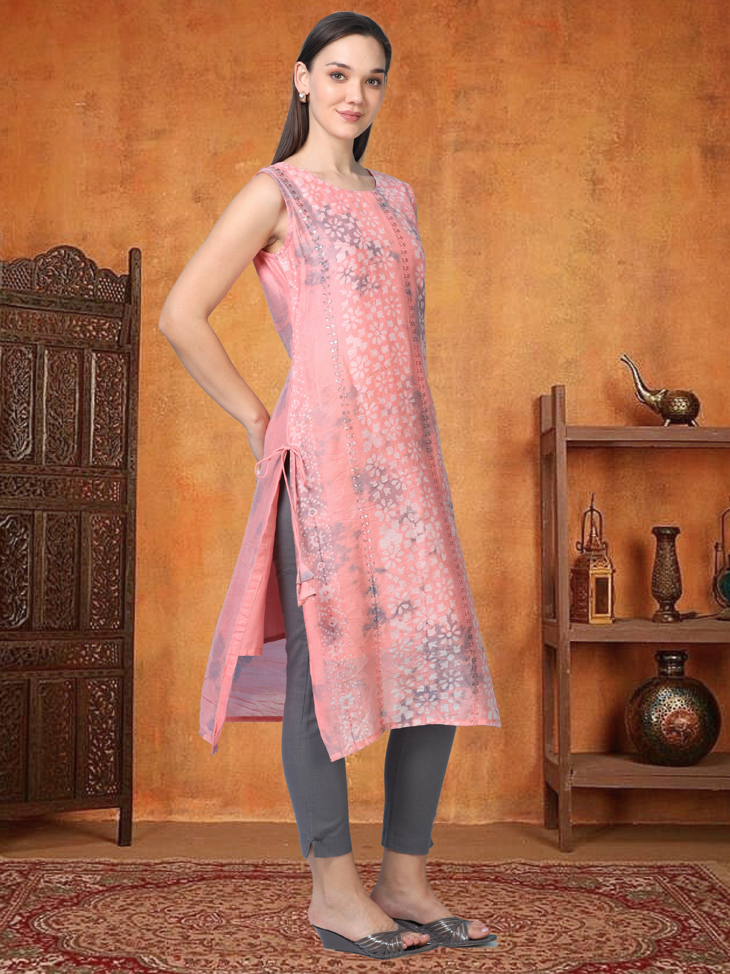 Pink Power Drip – Sleeveless Shibori Silk-Blend Kurti (1JD-2-A3b)