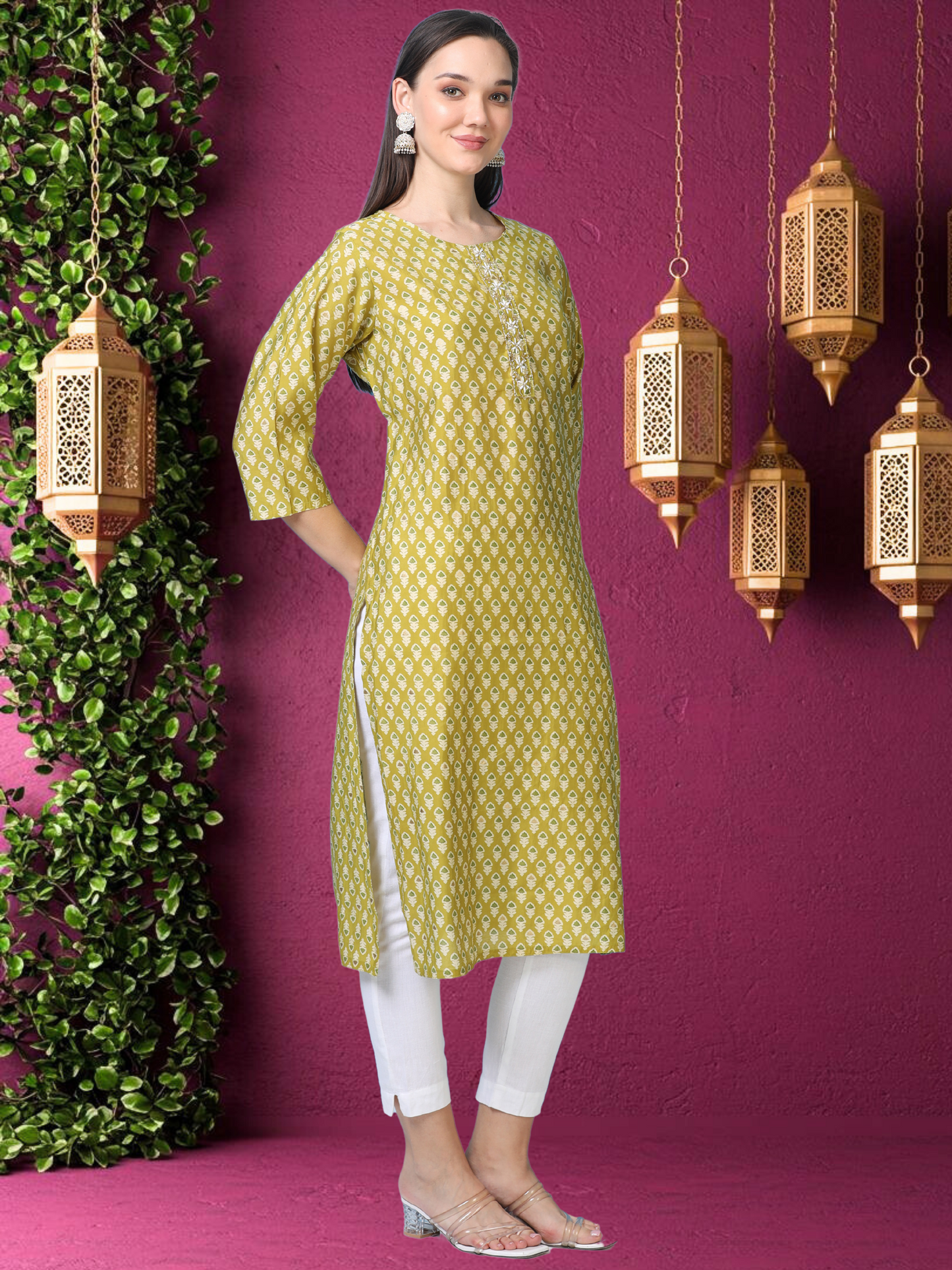 Olive Muse – Light Olive Printed Cotton Kurti with Cutdana Work (2AA-5-A7)