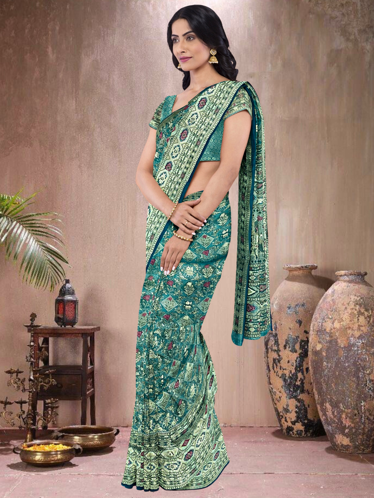 Teal Extravagance – Satin Tissue Weave Saree (TP-519018)