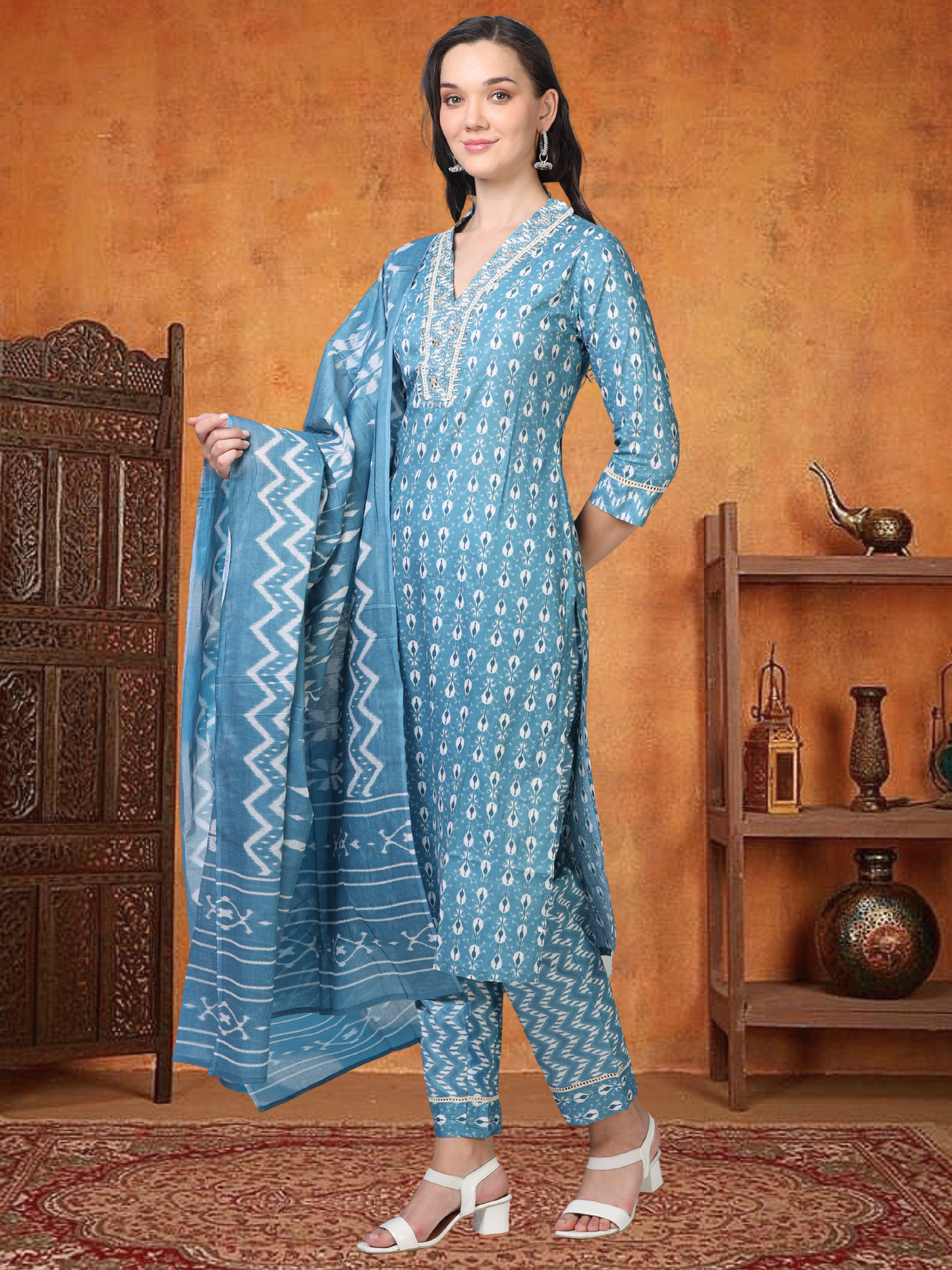 Midnight Hustle – Indigo Blue Embroidered 3-Piece Cotton Set (2DF-6-C12)