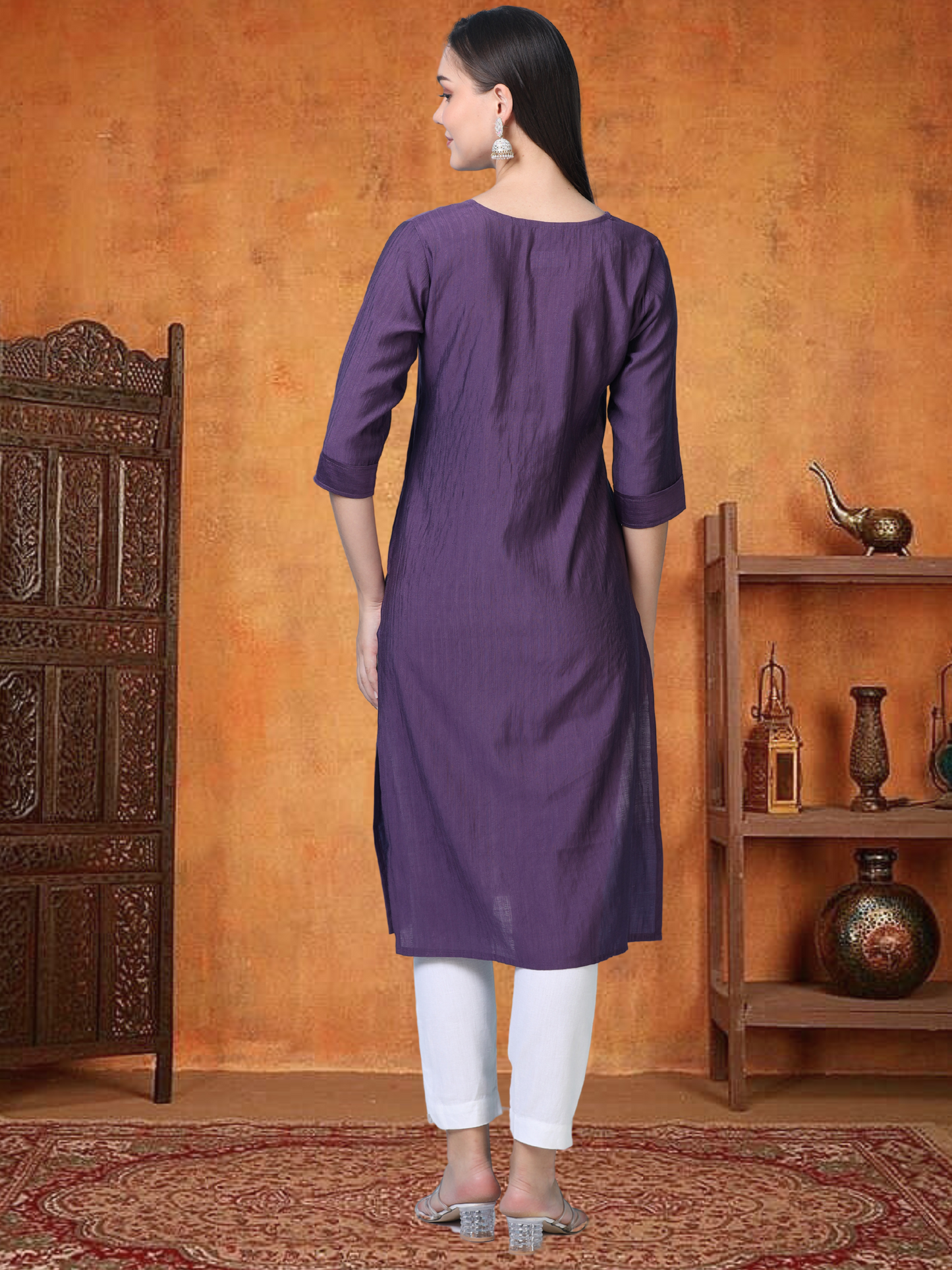 Wine Whisper – Embroidered Cotton Straight Kurti (1JD-7-A9)