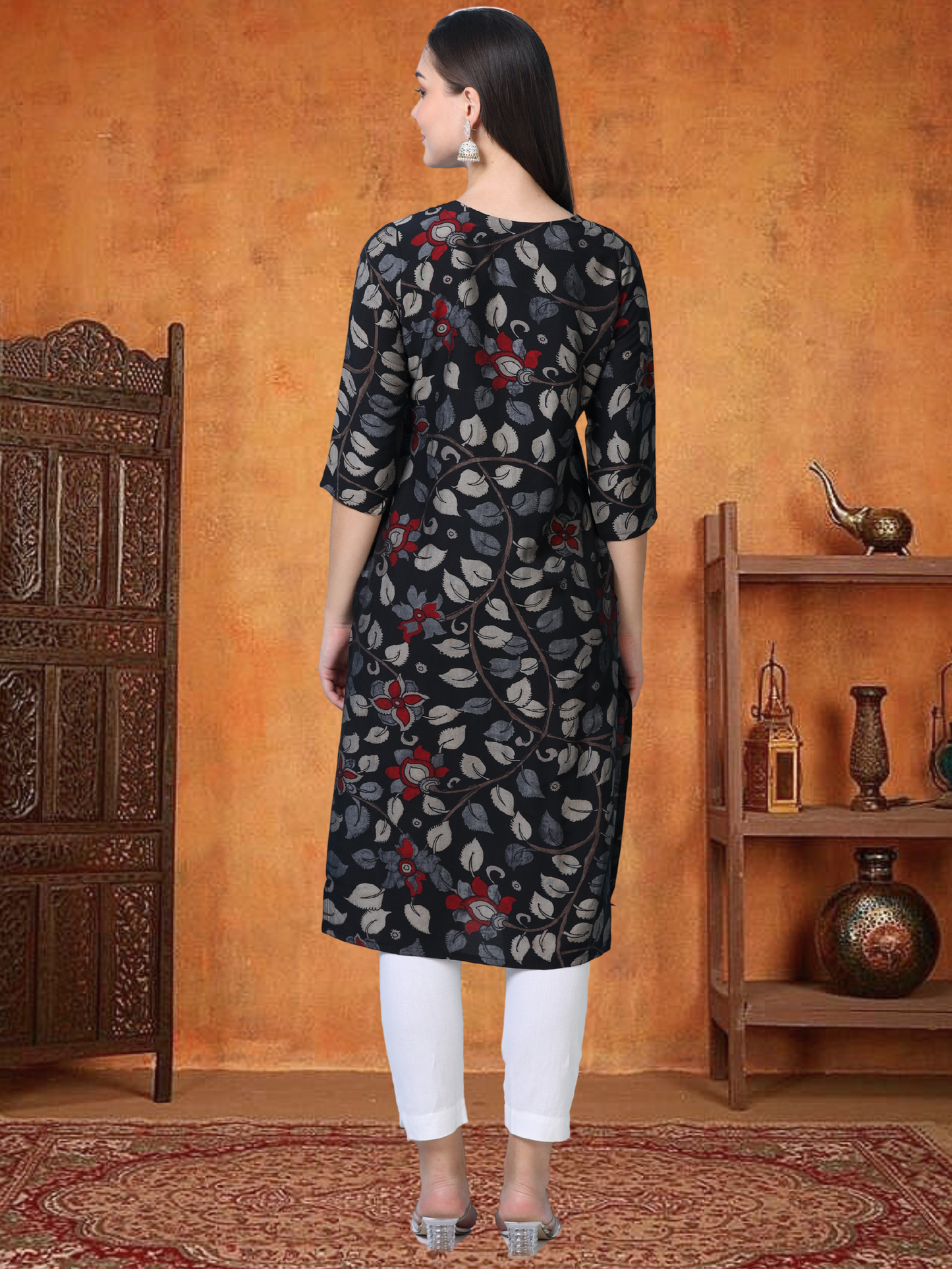 Noir Nazaara – Black Kalamkari & Chikankari Cotton Kurti (1NH-0-A13)