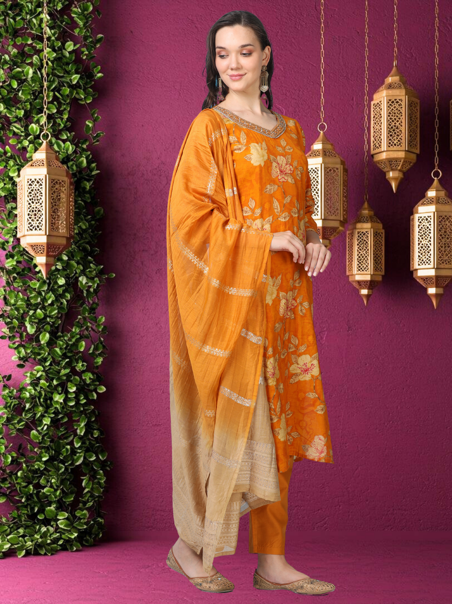 Golden Hour – Mustard Printed Viscose-Cotton 3-Piece Set (1KI-4-C2)