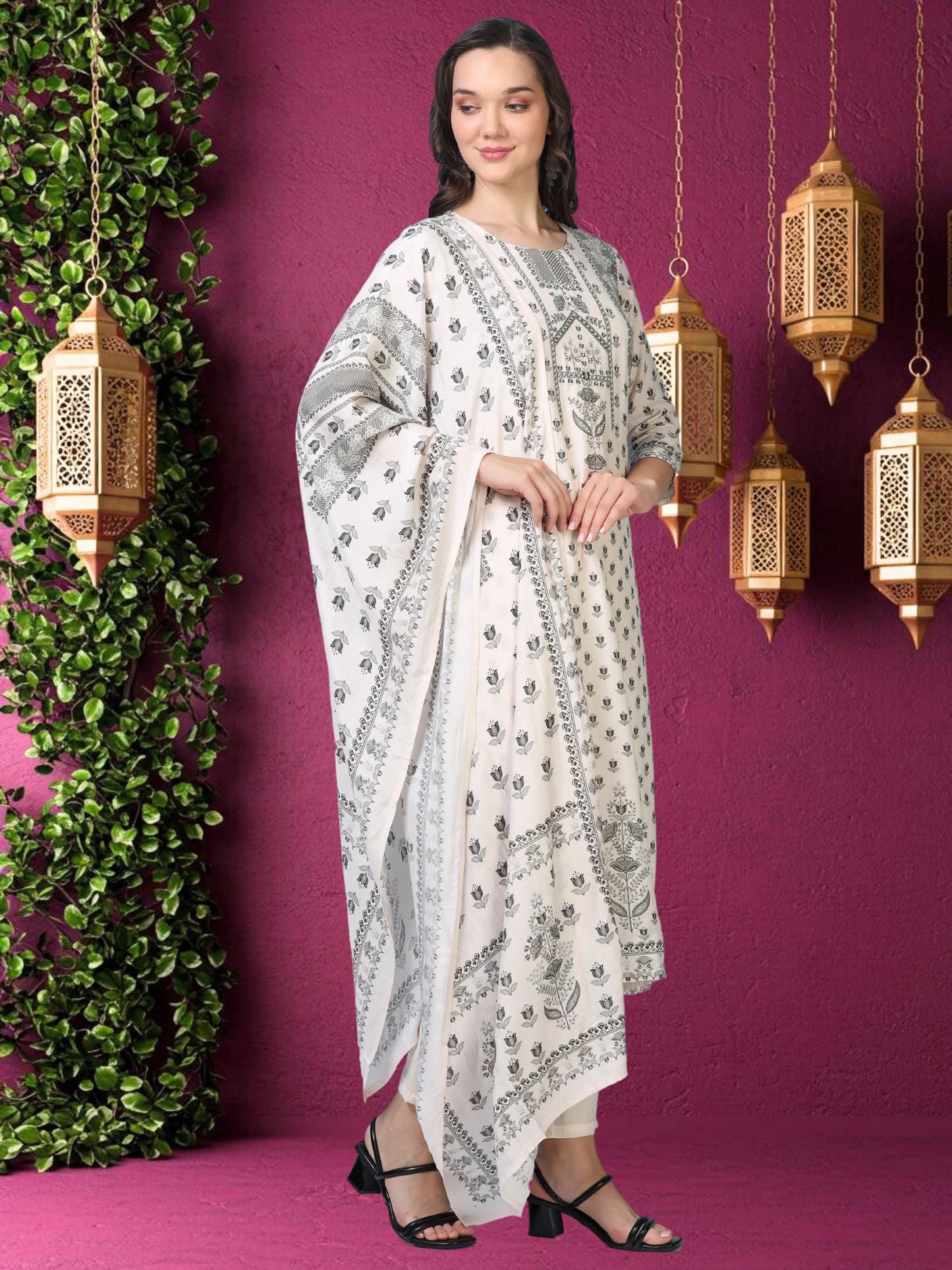Monochrome Muse – White & Black Printed 3-Piece Set (2AA-9-C1)