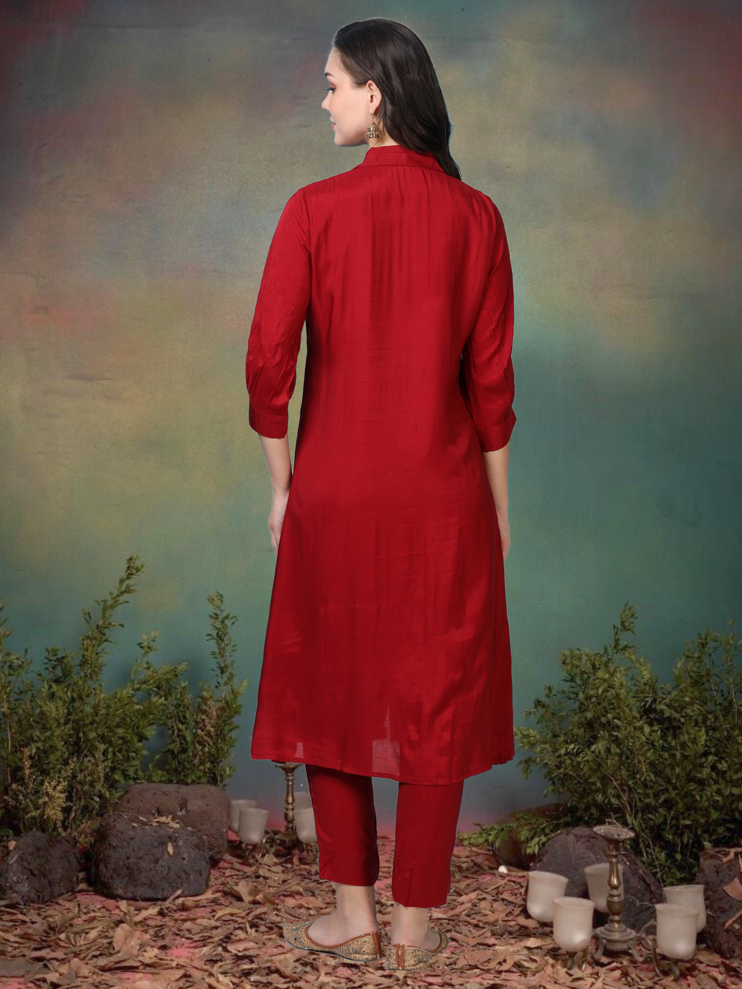 Crimson Crush – Red Satin Silk-Blend Shirt Style Co-ord Set (1KB-2-B3)