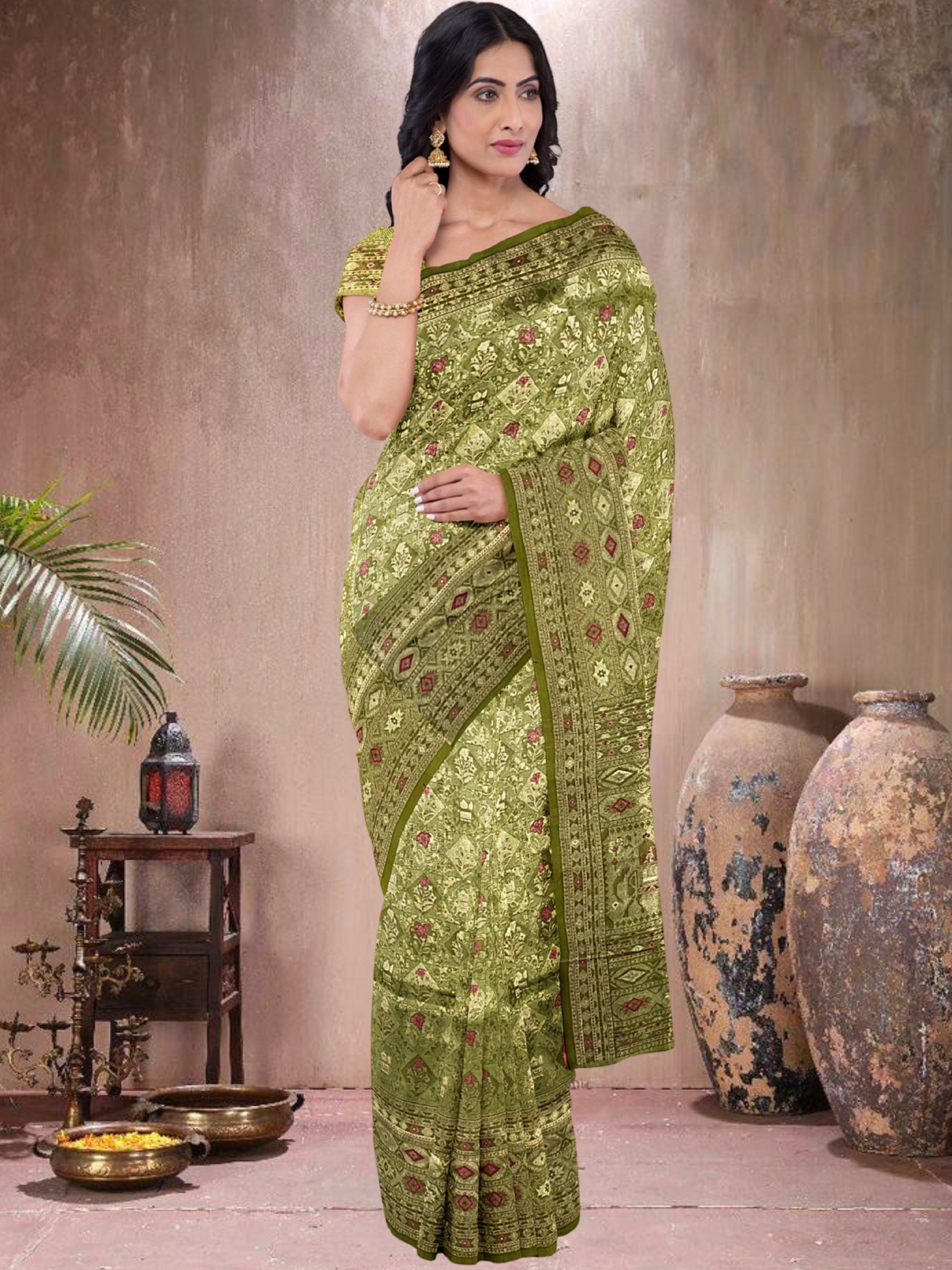 Olive Allure – Ikkat brocade saree with gold zari (OG-519018)