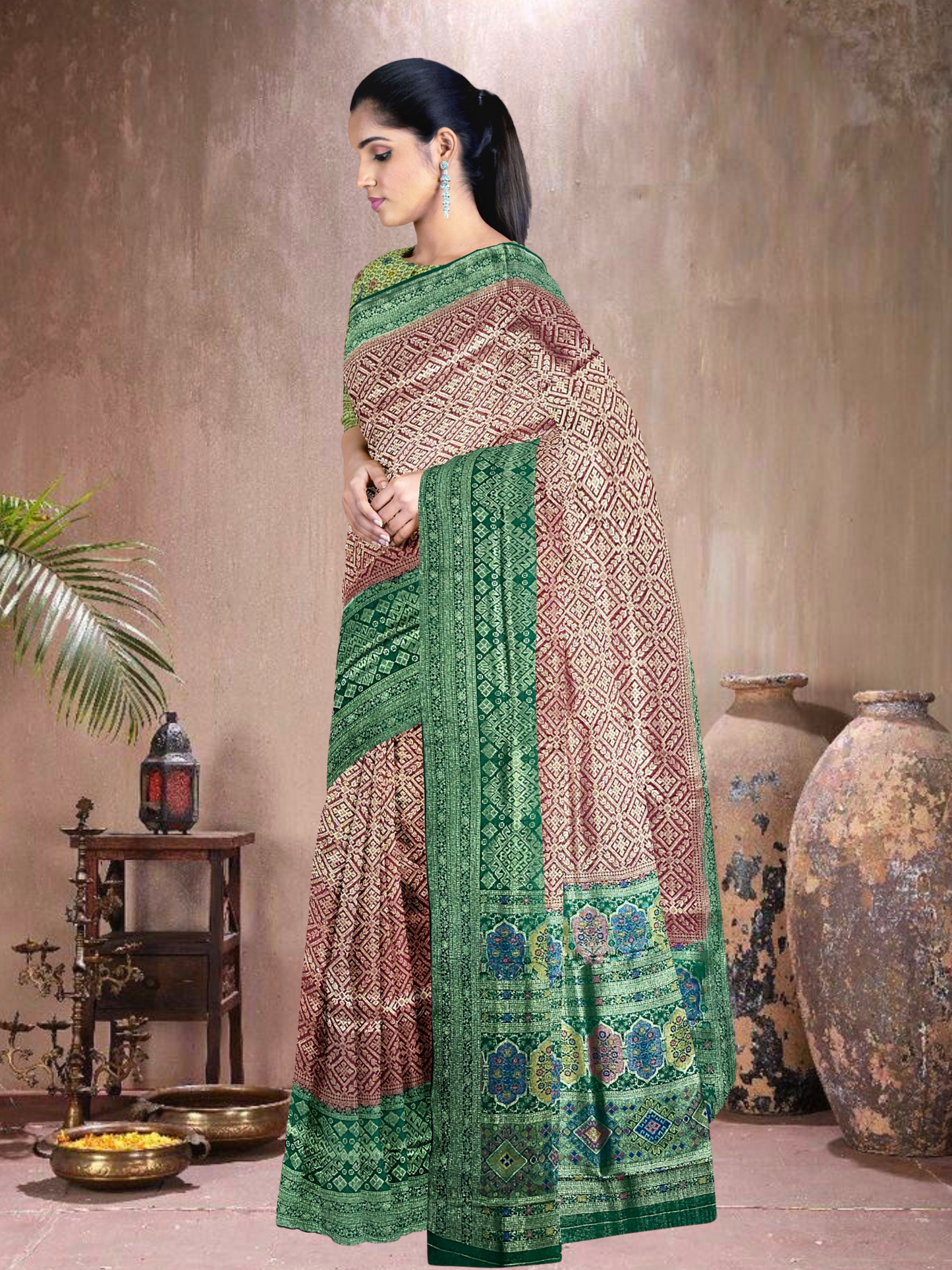 Maroon-Green Grace – Satin Brocade Saree with Meena Kari (M-G-519004)