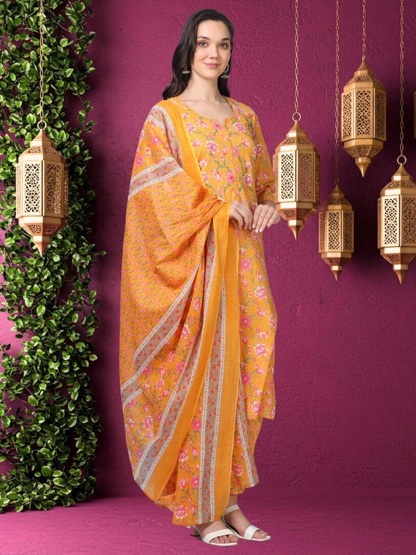 Golden Glow – Mustard Printed Cotton 3-Piece Set (2DF-4-C4)