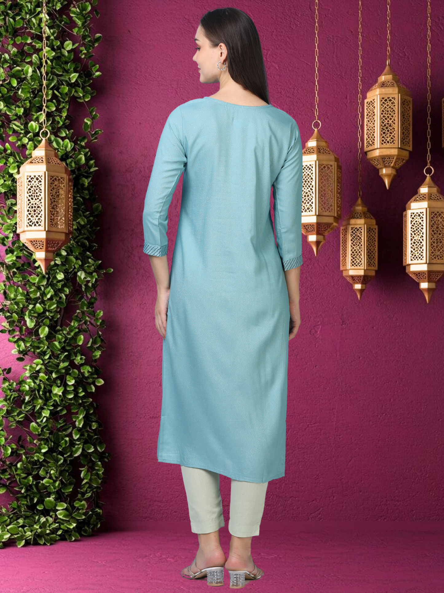 Blue Hush Glimmer – Embroidered Cotton-Tissue Kurti (1JD-6-A13)