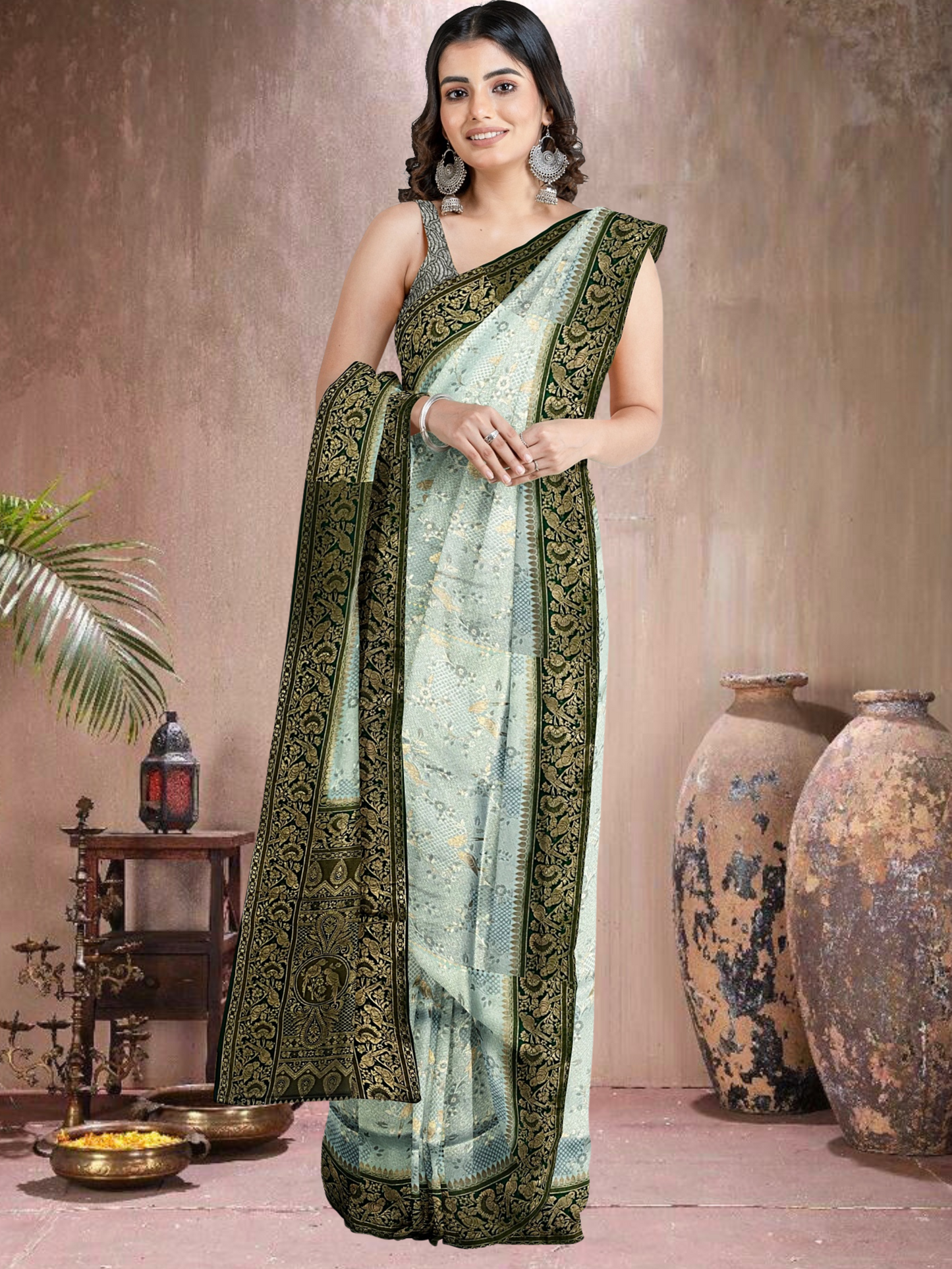 Blue-Green Charm – Satin Brocade Saree(BL-G-519012)