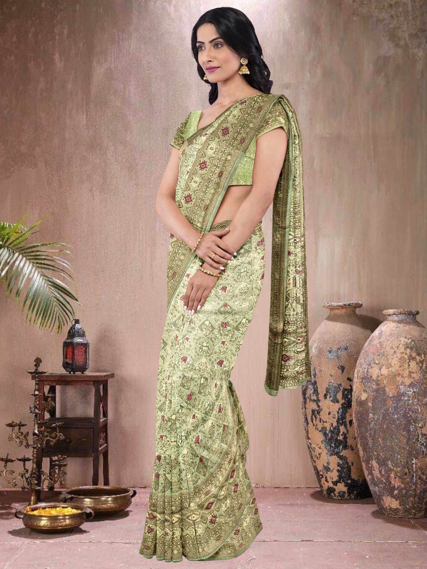 Pista Glow – Satin Tissue Weave Saree (PG-519018)