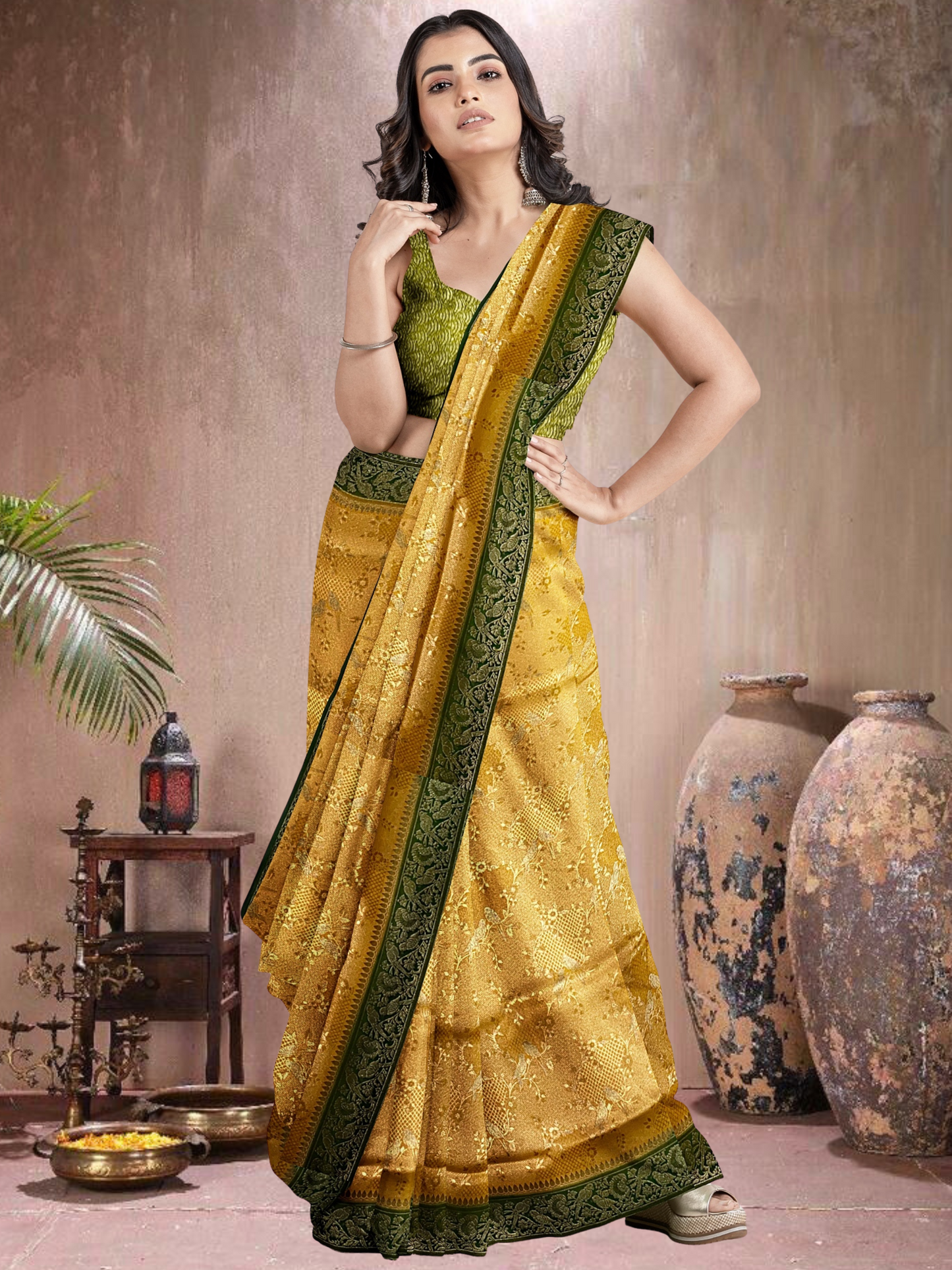 Mustard-Green Charm – Satin Brocade Saree (MU-G-519012)