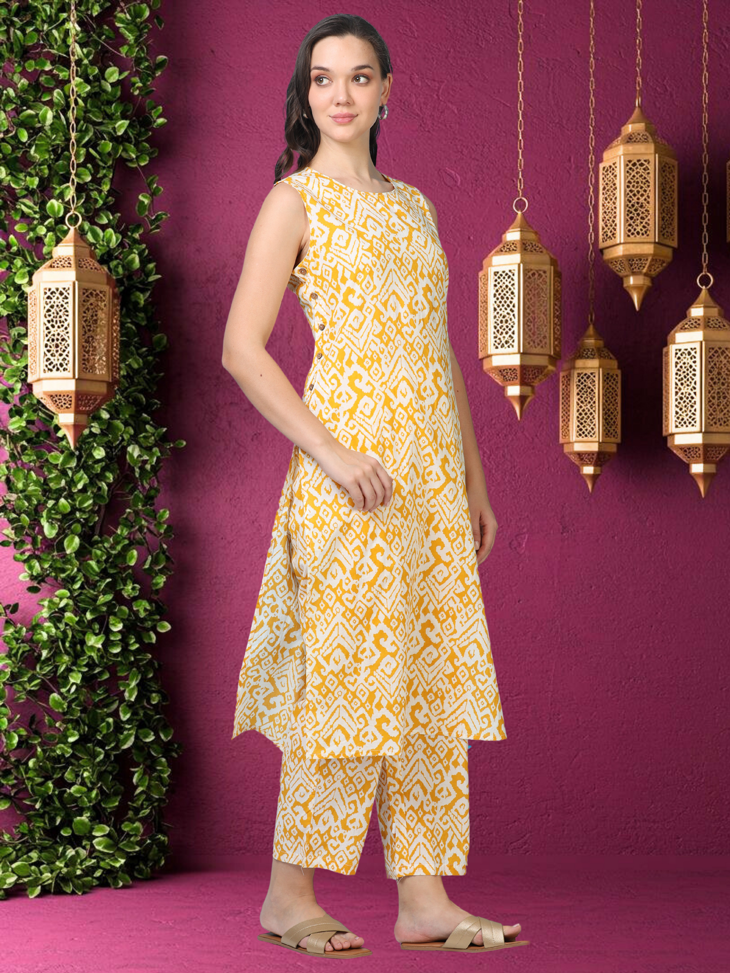 Ochre Aura – Sleeveless Printed Cotton Co-ord Set (2DF-4-B13)