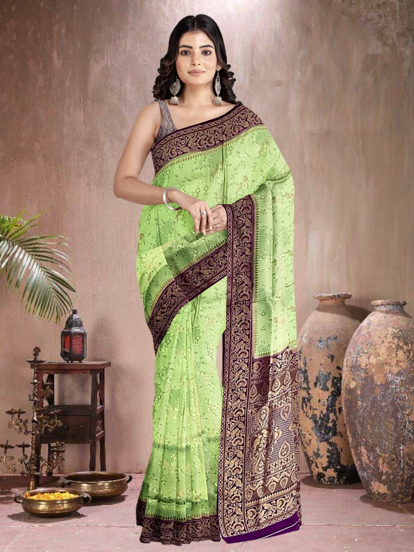 Green-Purple Radiance – Satin Brocade Saree (PU-PG-519012)